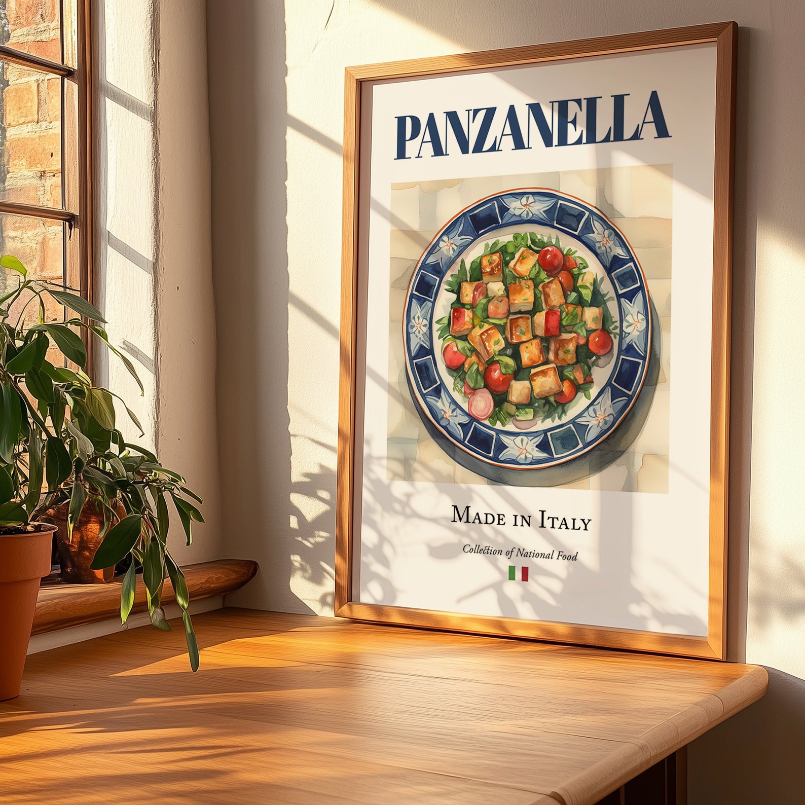 Panzanella – Italian Salad Dish, Tavern Print, no-text version framed in wood