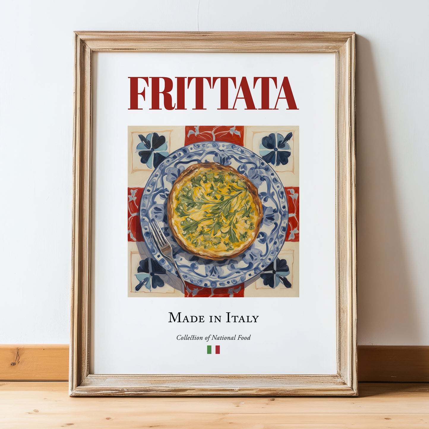 Frittata – Italian Snack Dish, Farmhouse Kitchen Print, in wooden frame leaning on the floor