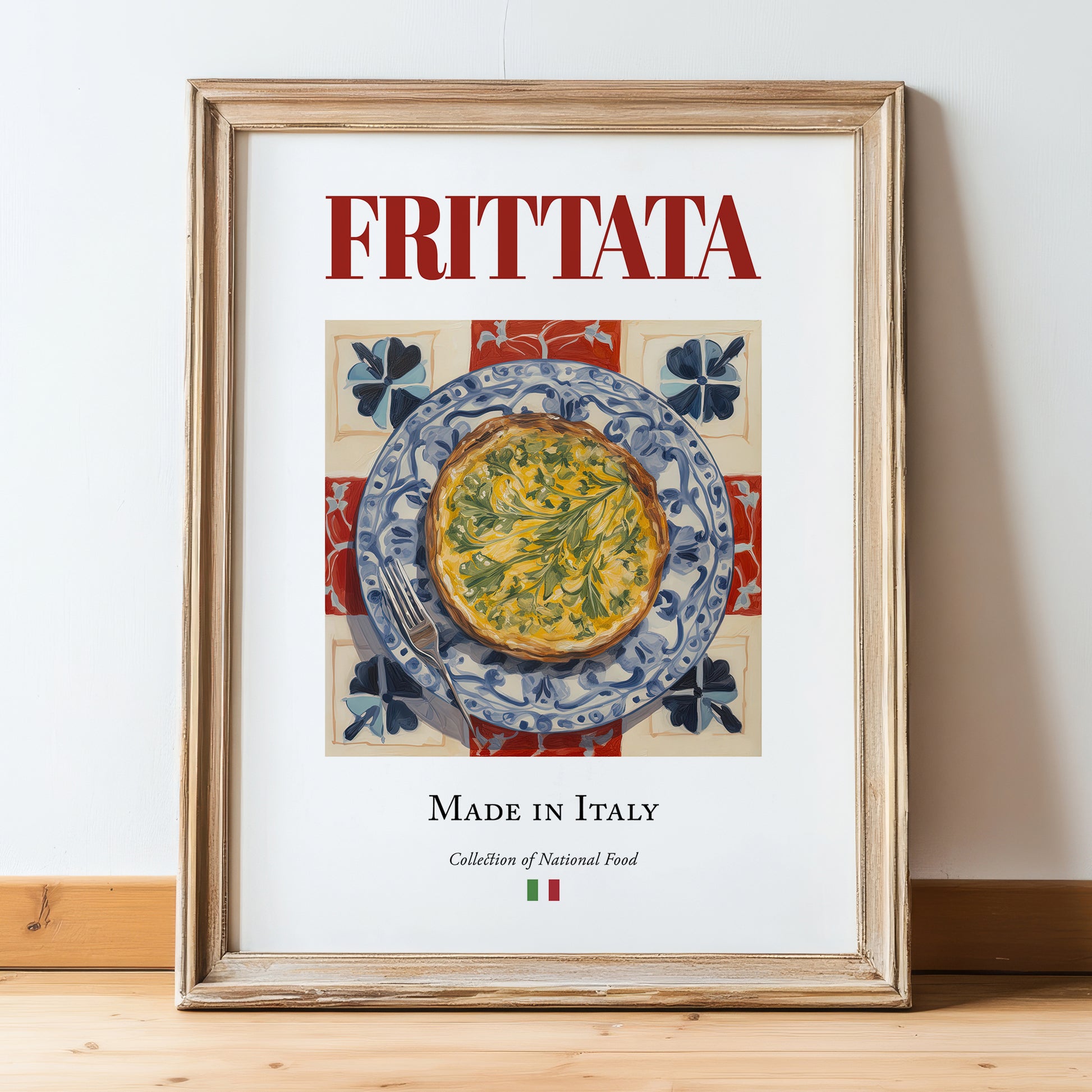 Frittata – Italian Snack Dish, Farmhouse Kitchen Print, in wooden frame leaning on the floor
