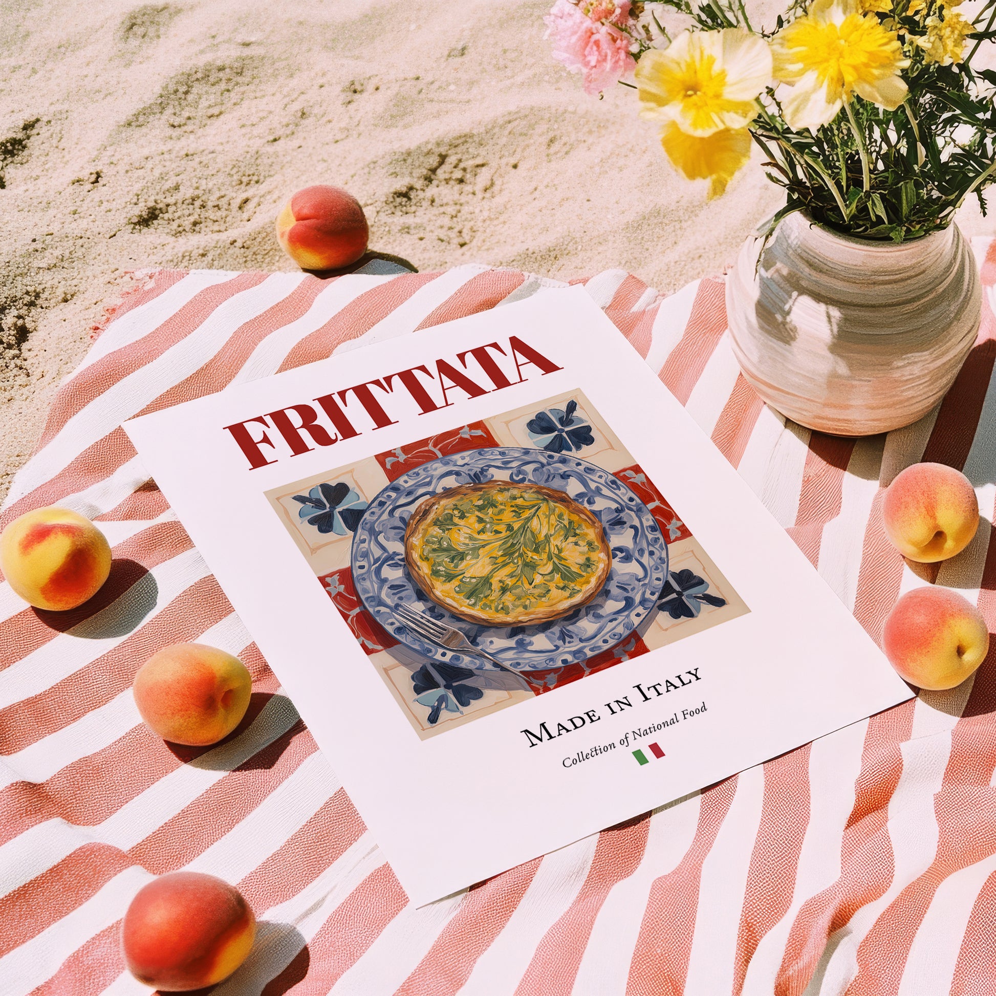 Frittata – Italian Snack Dish, Farmhouse Kitchen Print, unframed on coastal sand