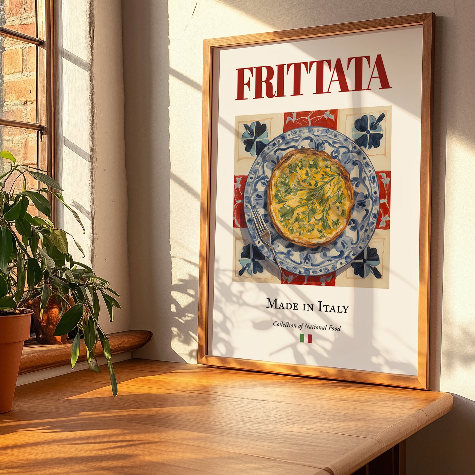 Frittata – Italian Snack Dish, Farmhouse Kitchen Print, no-text version framed in wood