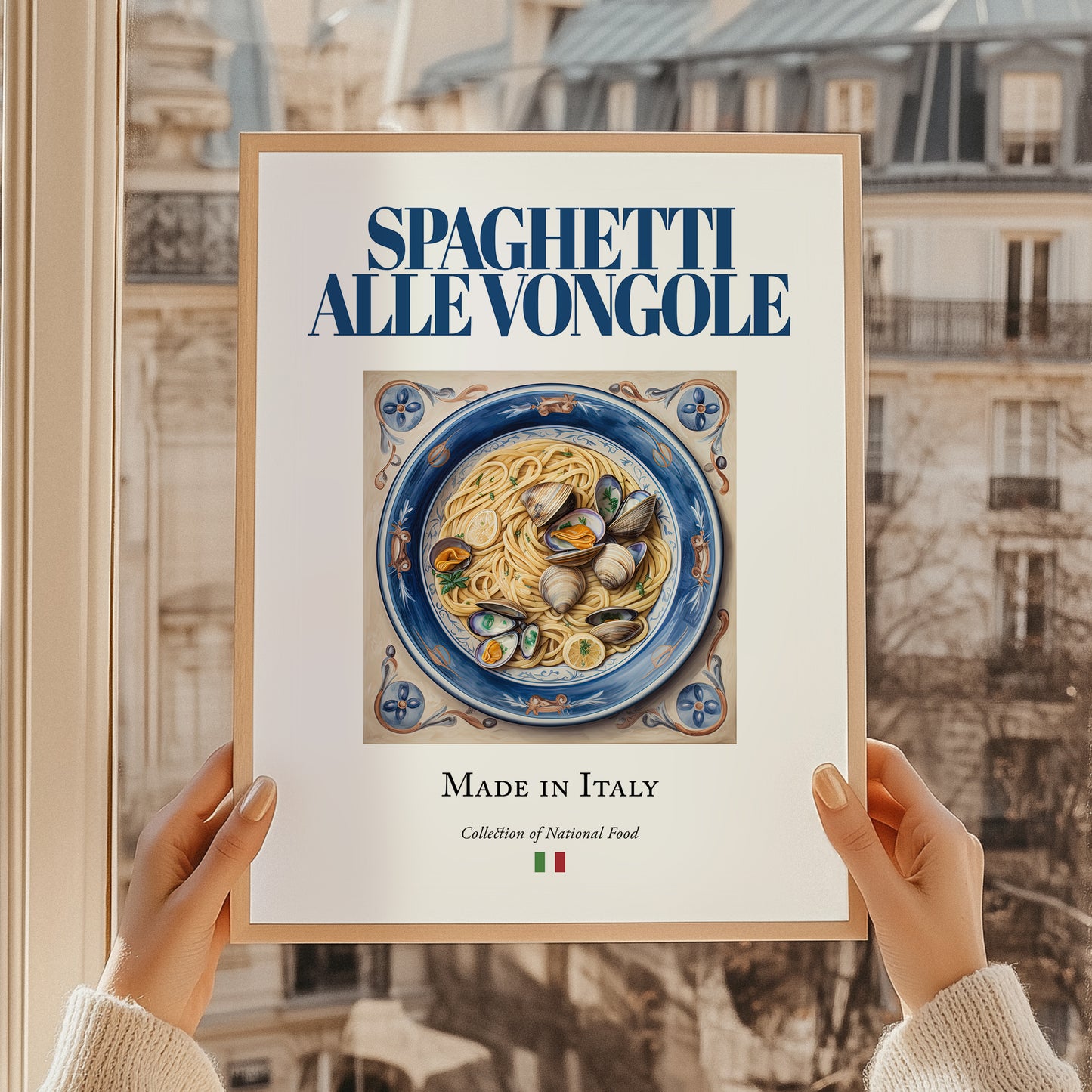 Spaghetti alle Vongole – Italian Pasta, Restaurant Still Life, styled in a charming Paris street view