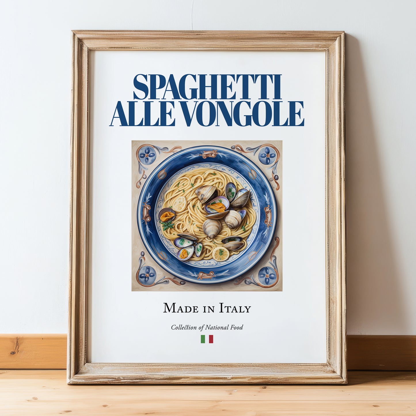 Spaghetti alle Vongole – Italian Pasta, Restaurant Still Life, in wooden frame leaning on the floor