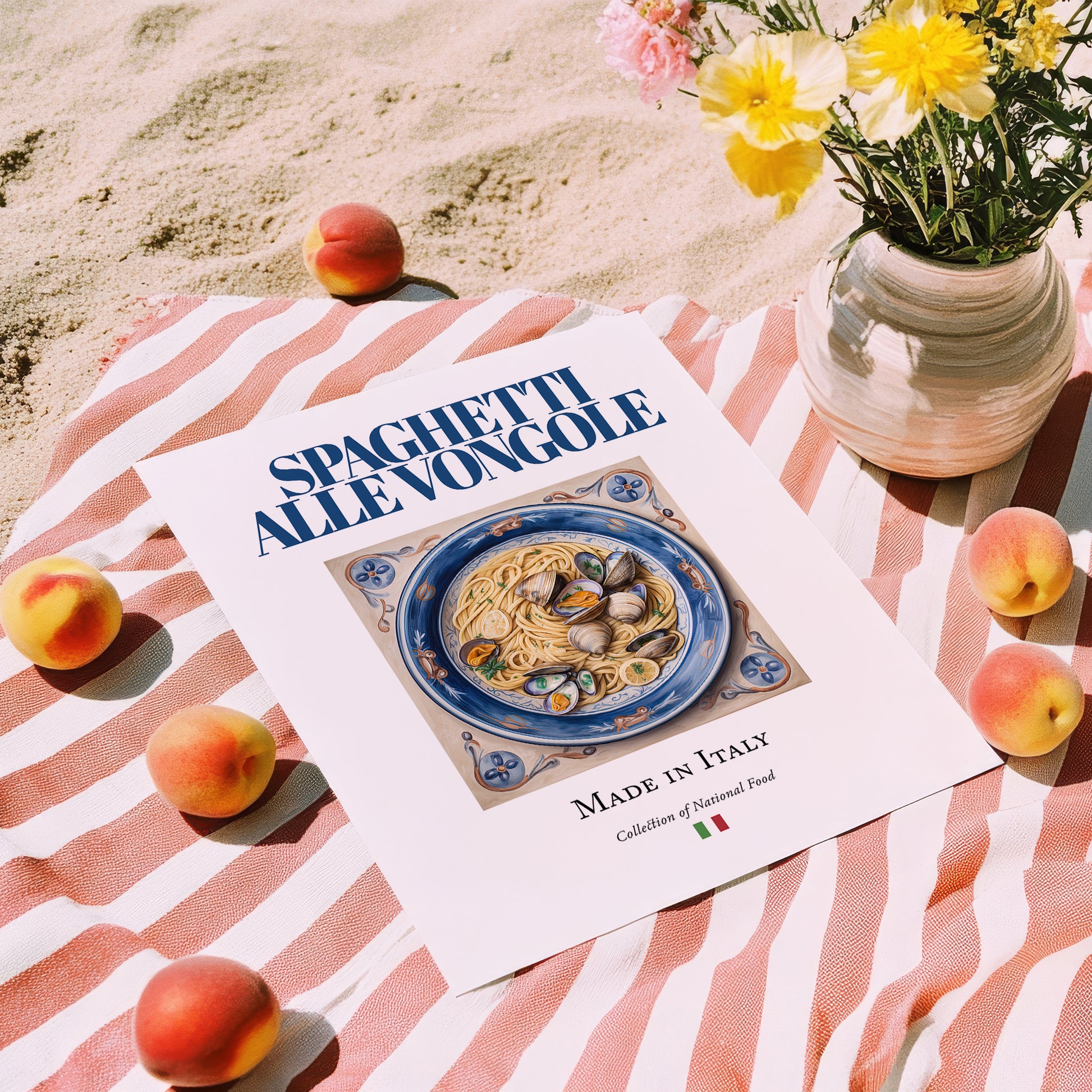 Spaghetti alle Vongole – Italian Pasta, Restaurant Still Life, unframed on coastal sand