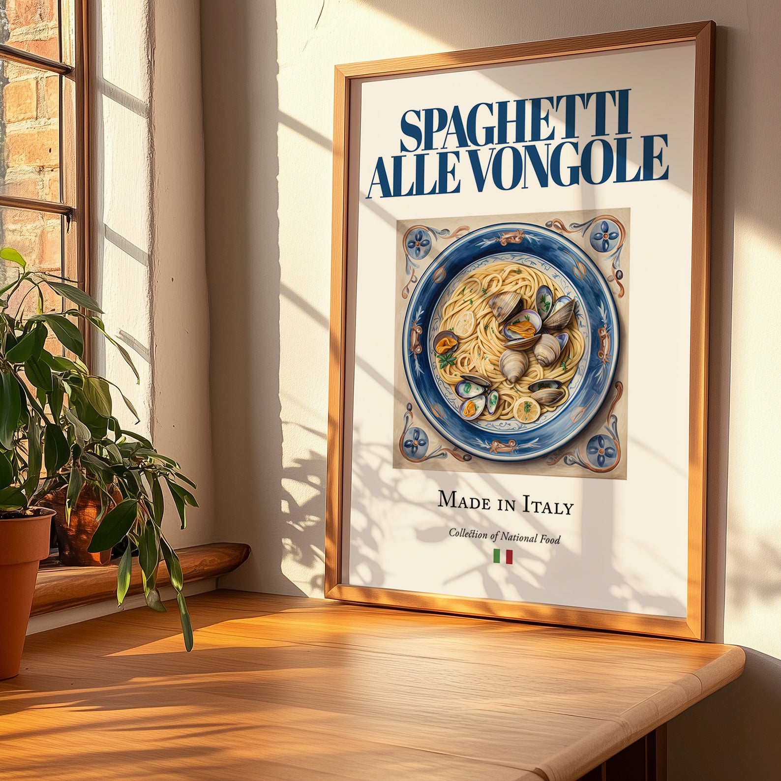 Spaghetti alle Vongole – Italian Pasta, Restaurant Still Life, no-text version framed in wood