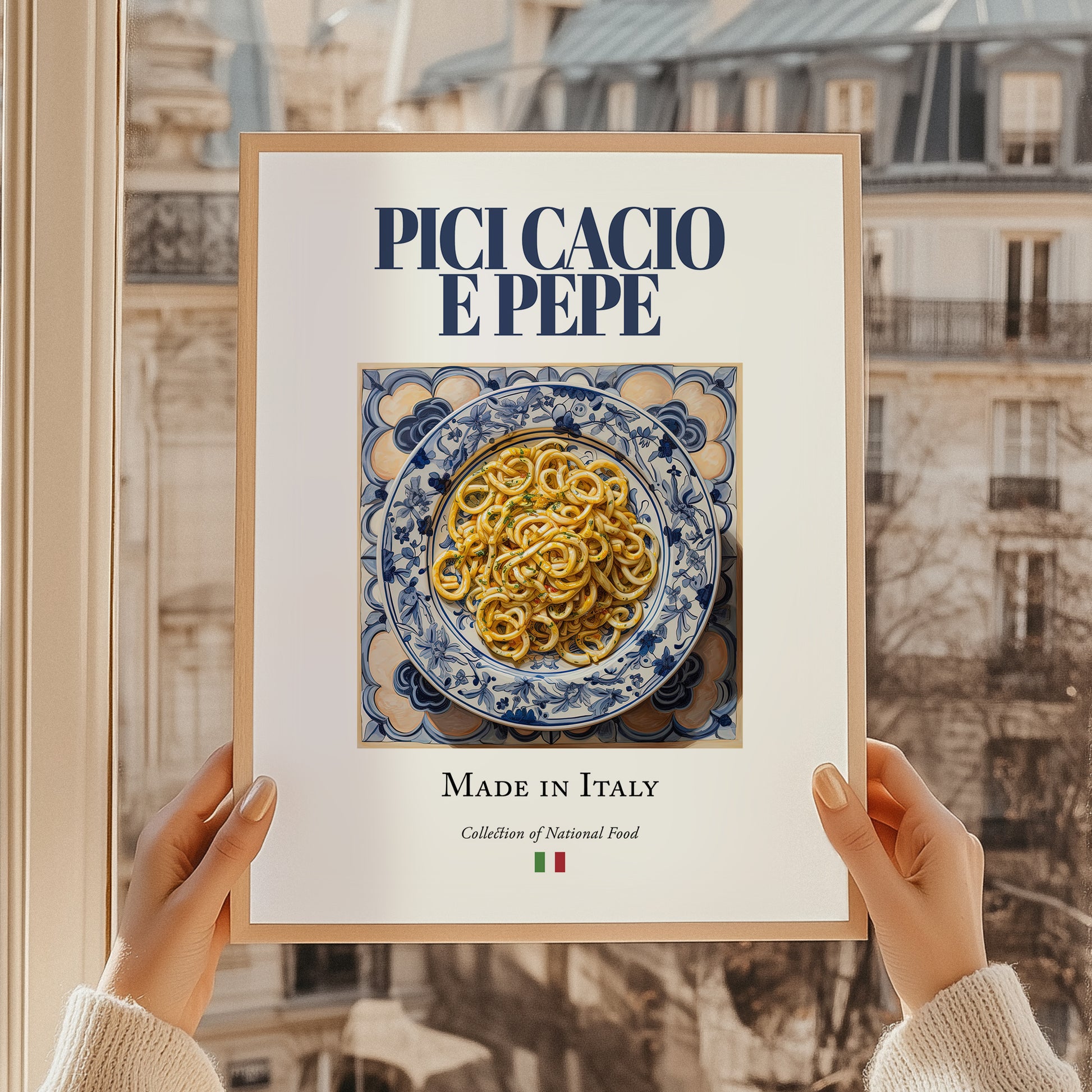 Pici Cacio e Pepe – Italian Pasta, Trattoria Wall Decor, styled in a charming Paris street view