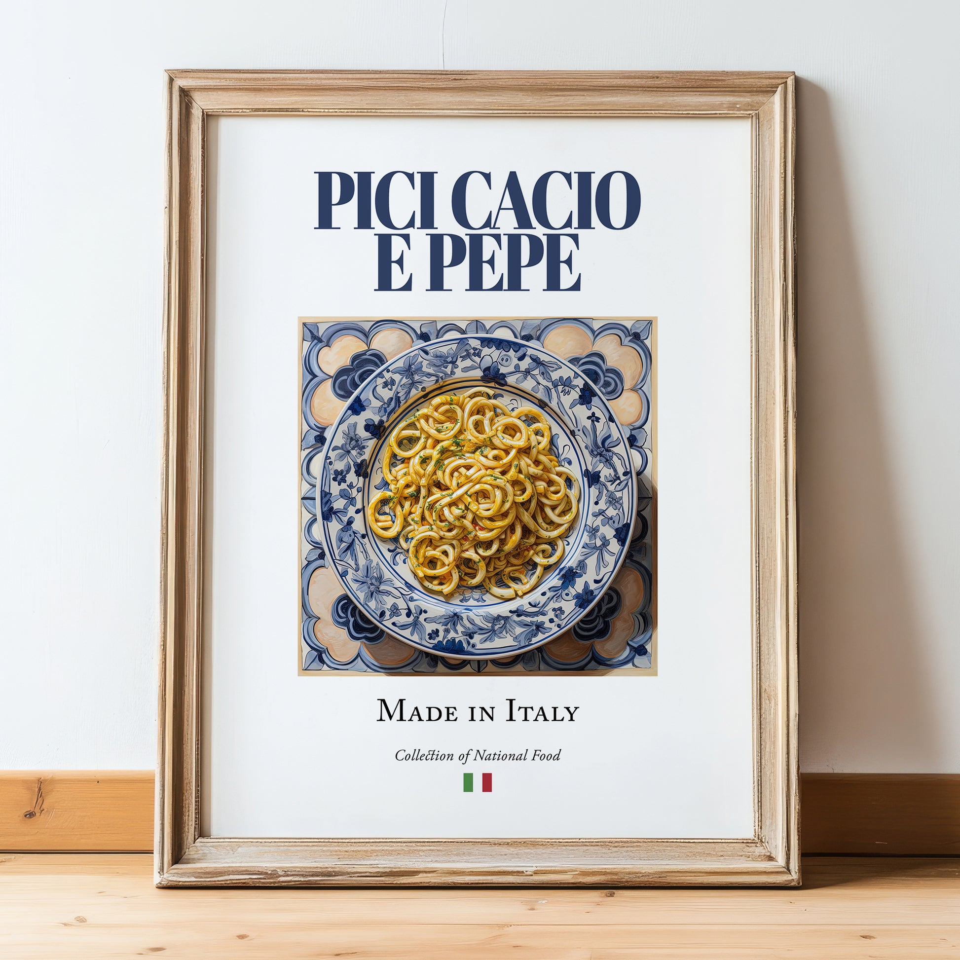 Pici Cacio e Pepe – Italian Pasta, Trattoria Wall Decor, in wooden frame leaning on the floor