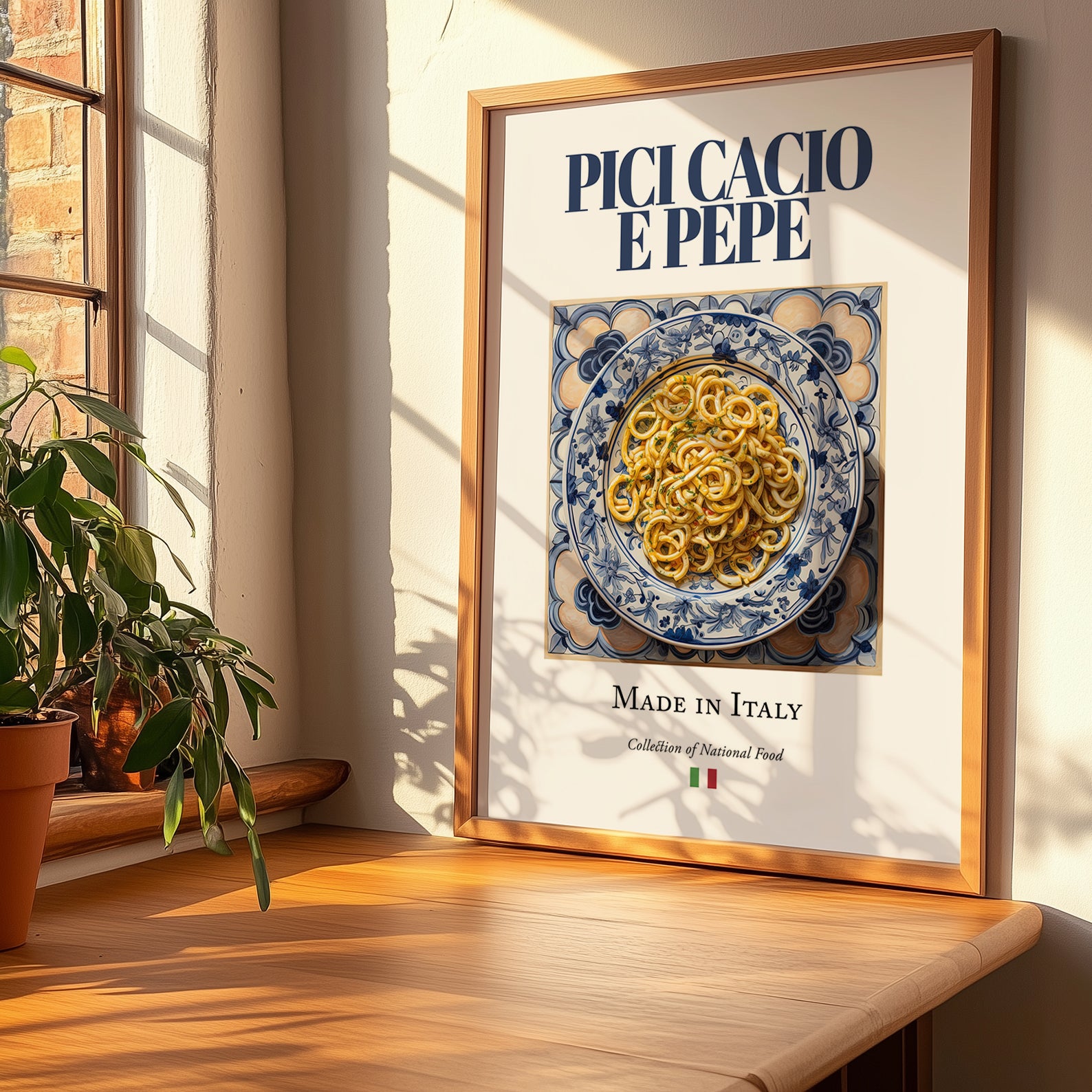 Pici Cacio e Pepe – Italian Pasta, Trattoria Wall Decor, no-text version framed in wood