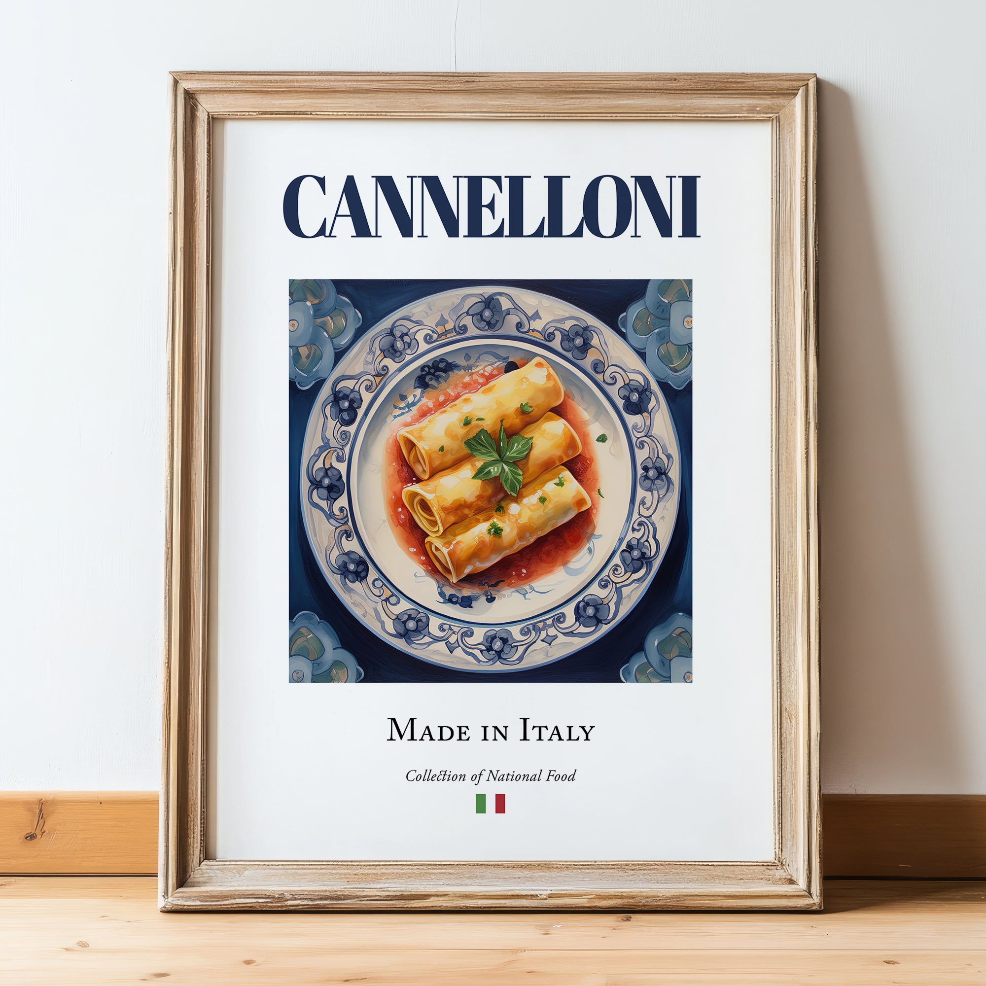 Cannelloni – Italian Pasta, Trattoria Poster, in wooden frame leaning on the floor