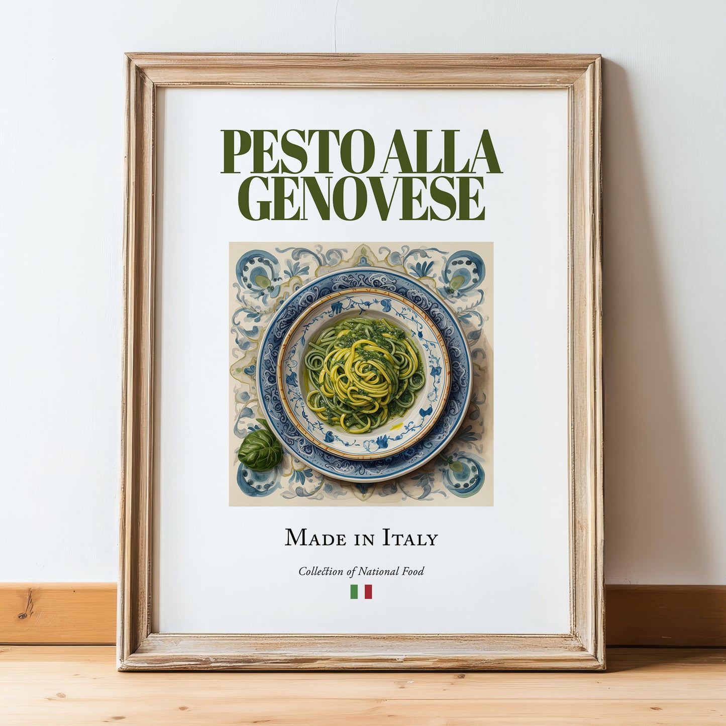 Pesto alla Genovese – Italian Sauce Dish, Bistro Poster, in wooden frame leaning on the floor