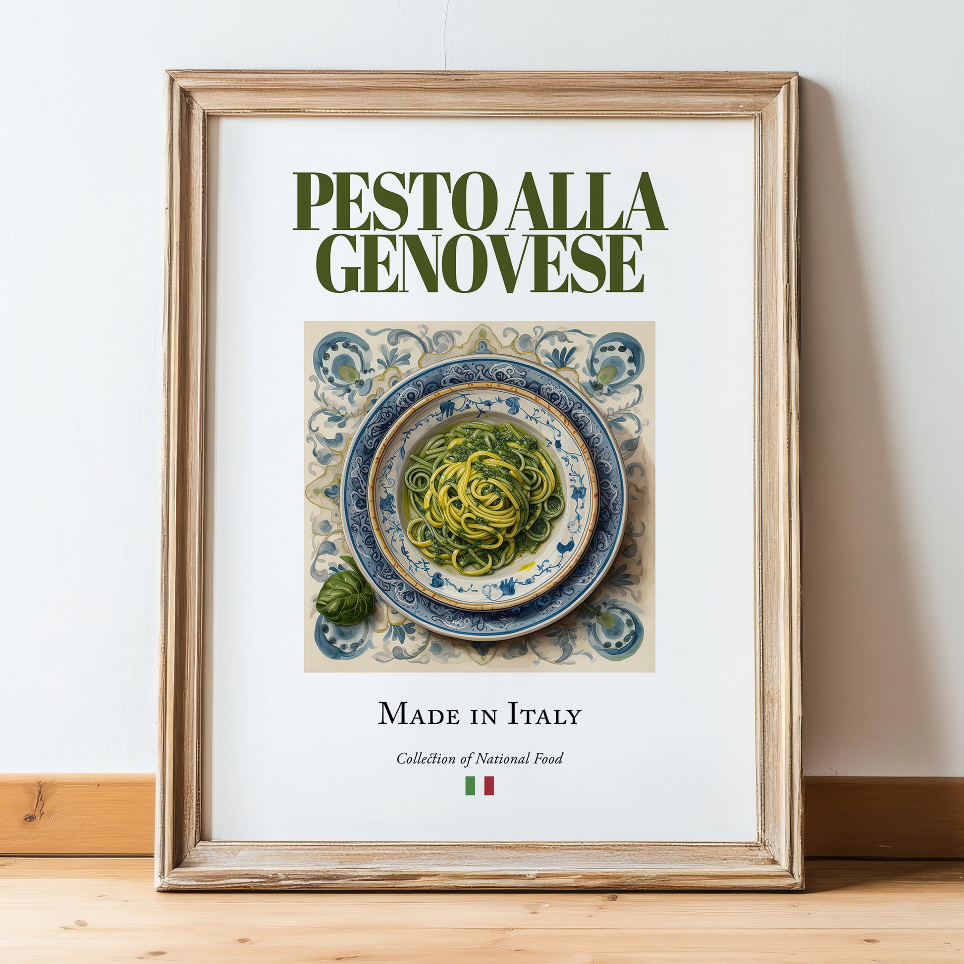 Pesto alla Genovese – Italian Sauce Dish, Bistro Poster, in wooden frame leaning on the floor