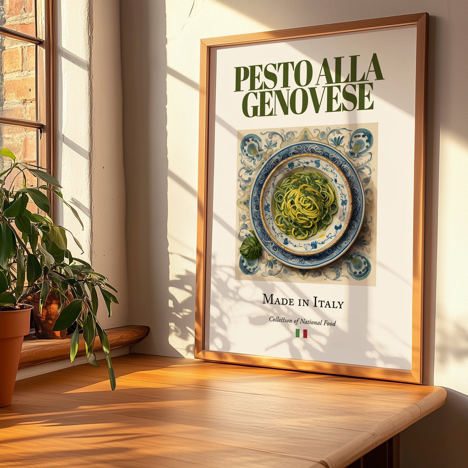 Pesto alla Genovese – Italian Sauce Dish, Bistro Poster, no-text version framed in wood