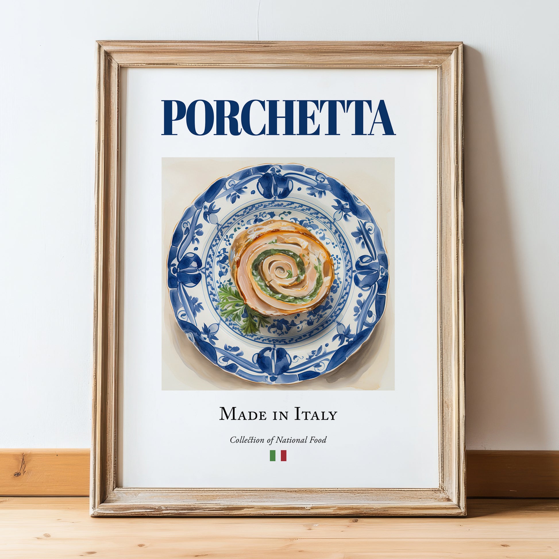 Porchetta – Italian Meat Dish, Tavern Print, in wooden frame leaning on the floor
