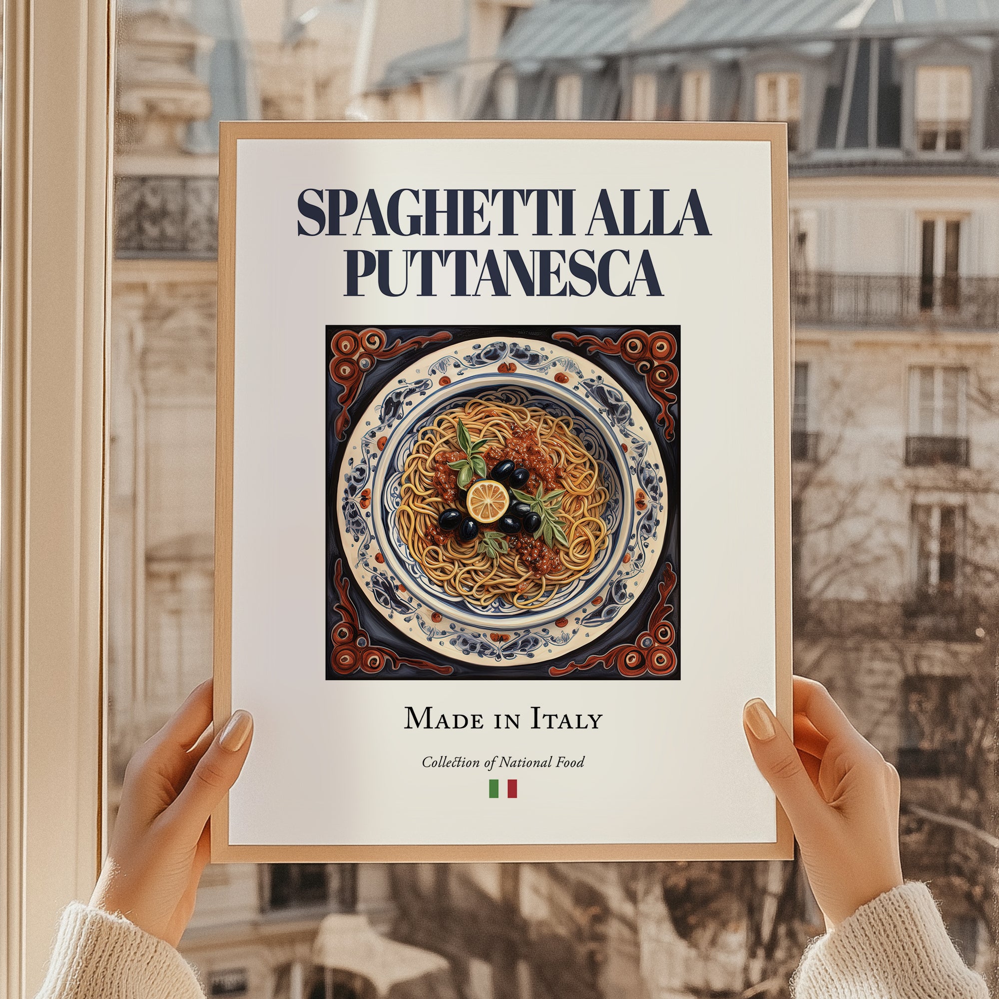 Spaghetti alla Puttanesca – Italian Pasta, Osteria Painting, styled in a charming Paris street view