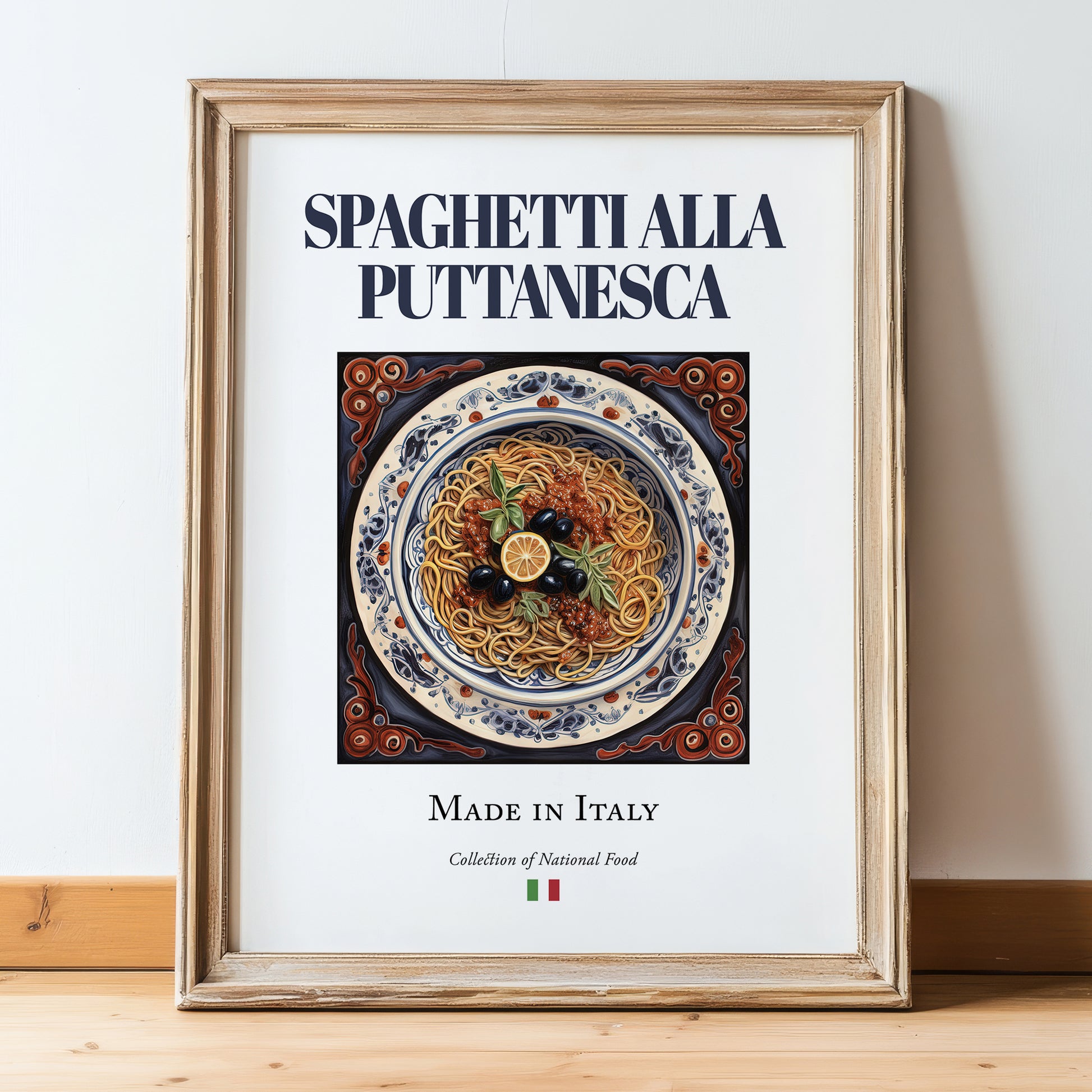 Spaghetti alla Puttanesca – Italian Pasta, Osteria Painting, in wooden frame leaning on the floor