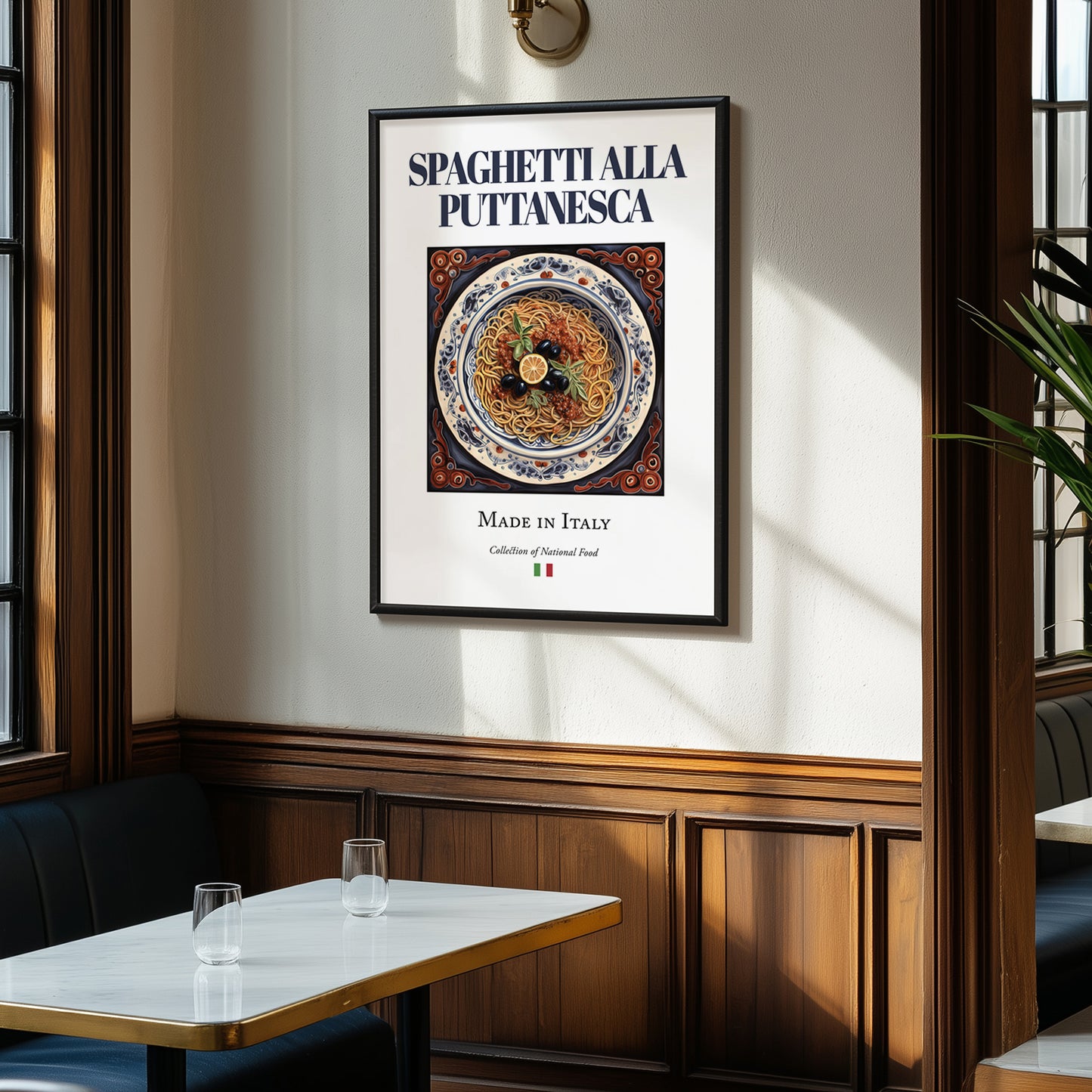Spaghetti alla Puttanesca – Italian Pasta, Osteria Painting, clean layout with no caption