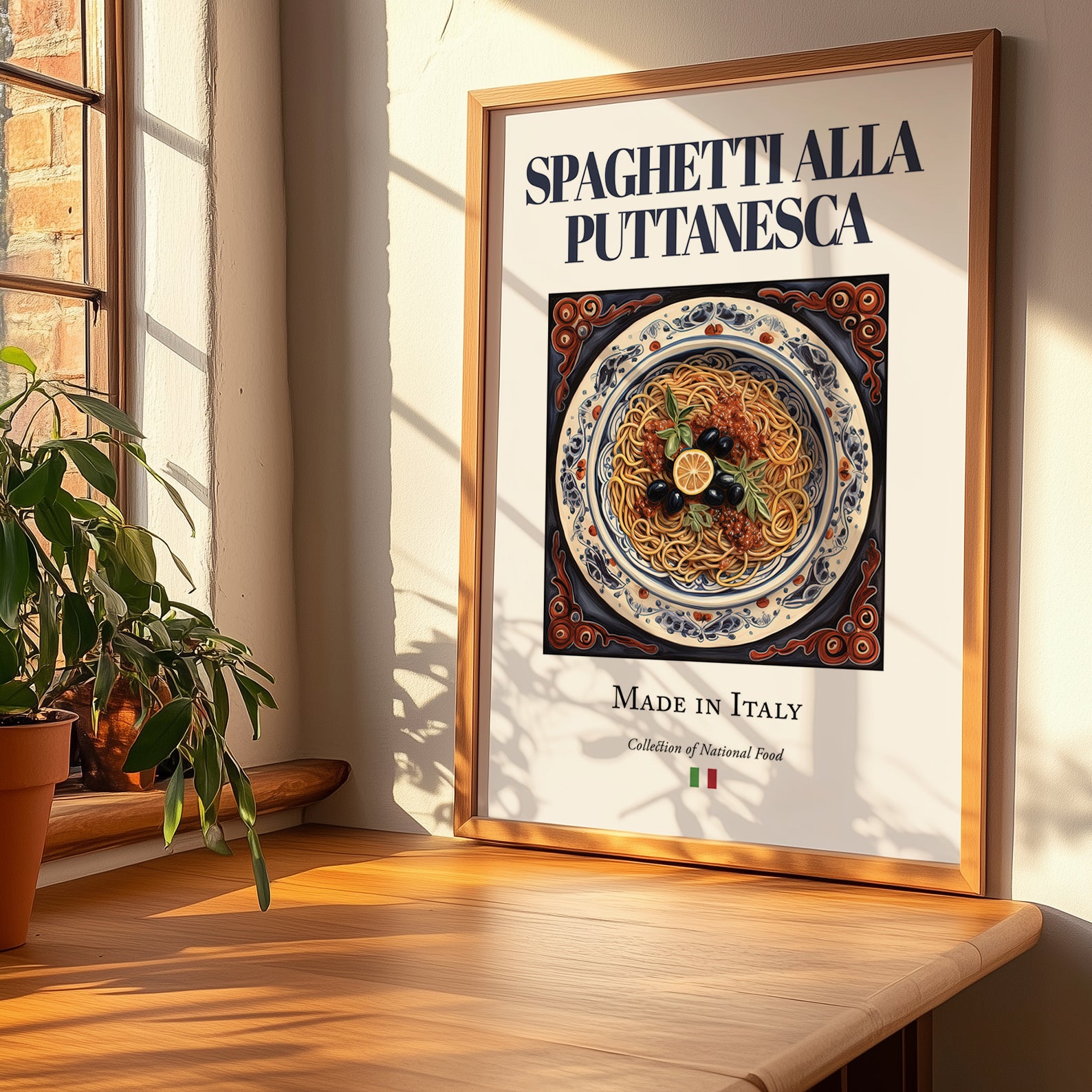 Spaghetti alla Puttanesca – Italian Pasta, Osteria Painting, no-text version framed in wood