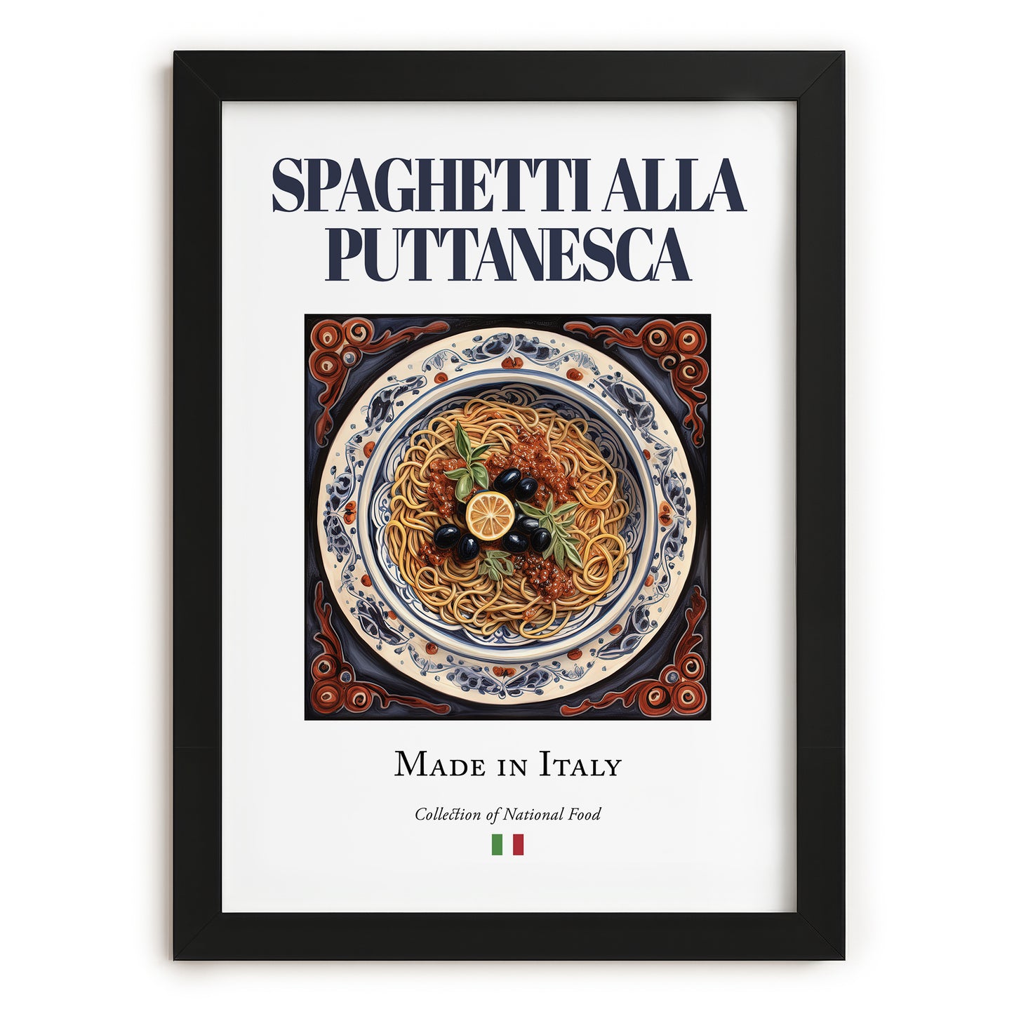 Spaghetti alla Puttanesca – Italian Pasta, Osteria Painting, in sleek black frame