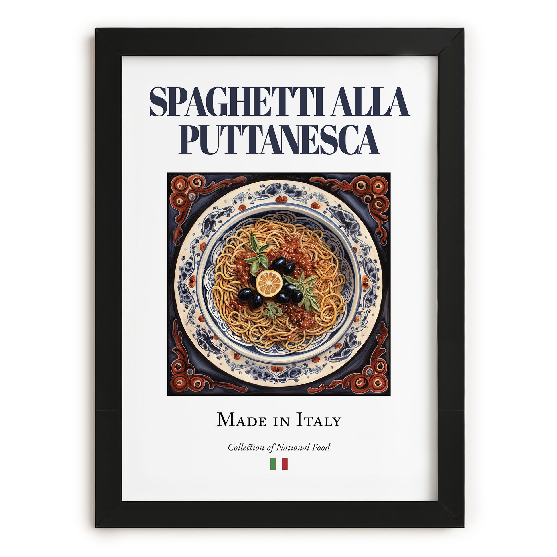 Spaghetti alla Puttanesca – Italian Pasta, Osteria Painting, in sleek black frame