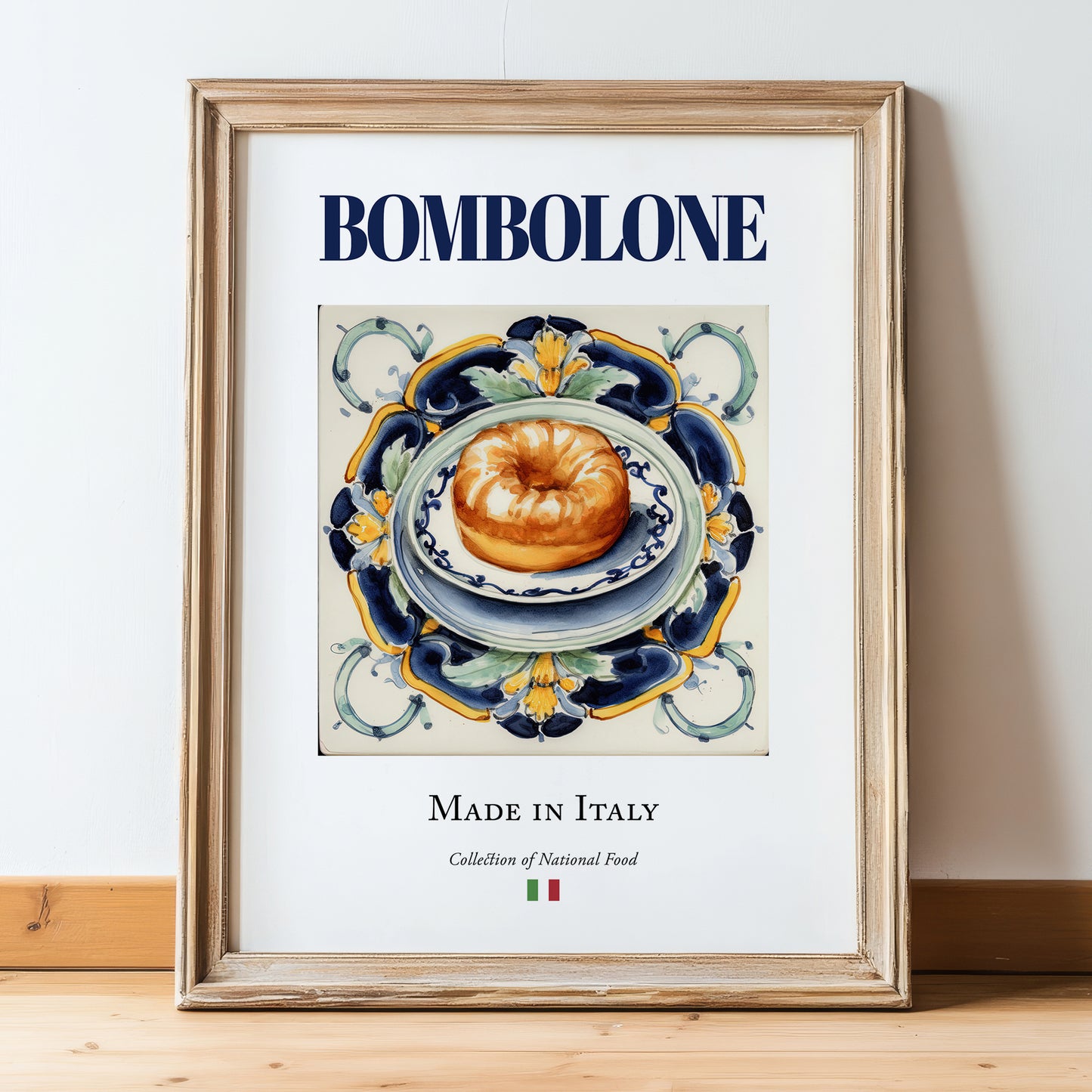 Bombolone – Italian Dessert Dish, Café Wall Decor, in wooden frame leaning on the floor