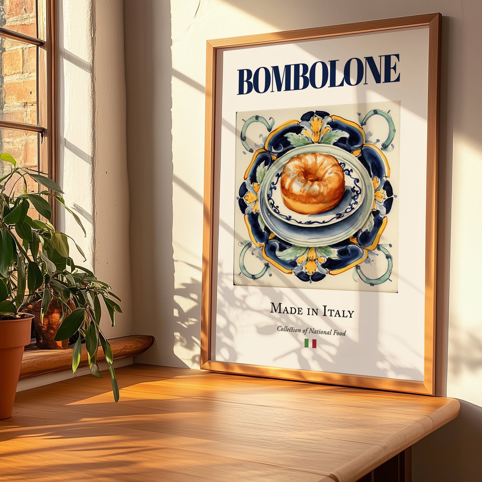 Bombolone – Italian Dessert Dish, Café Wall Decor, no-text version framed in wood