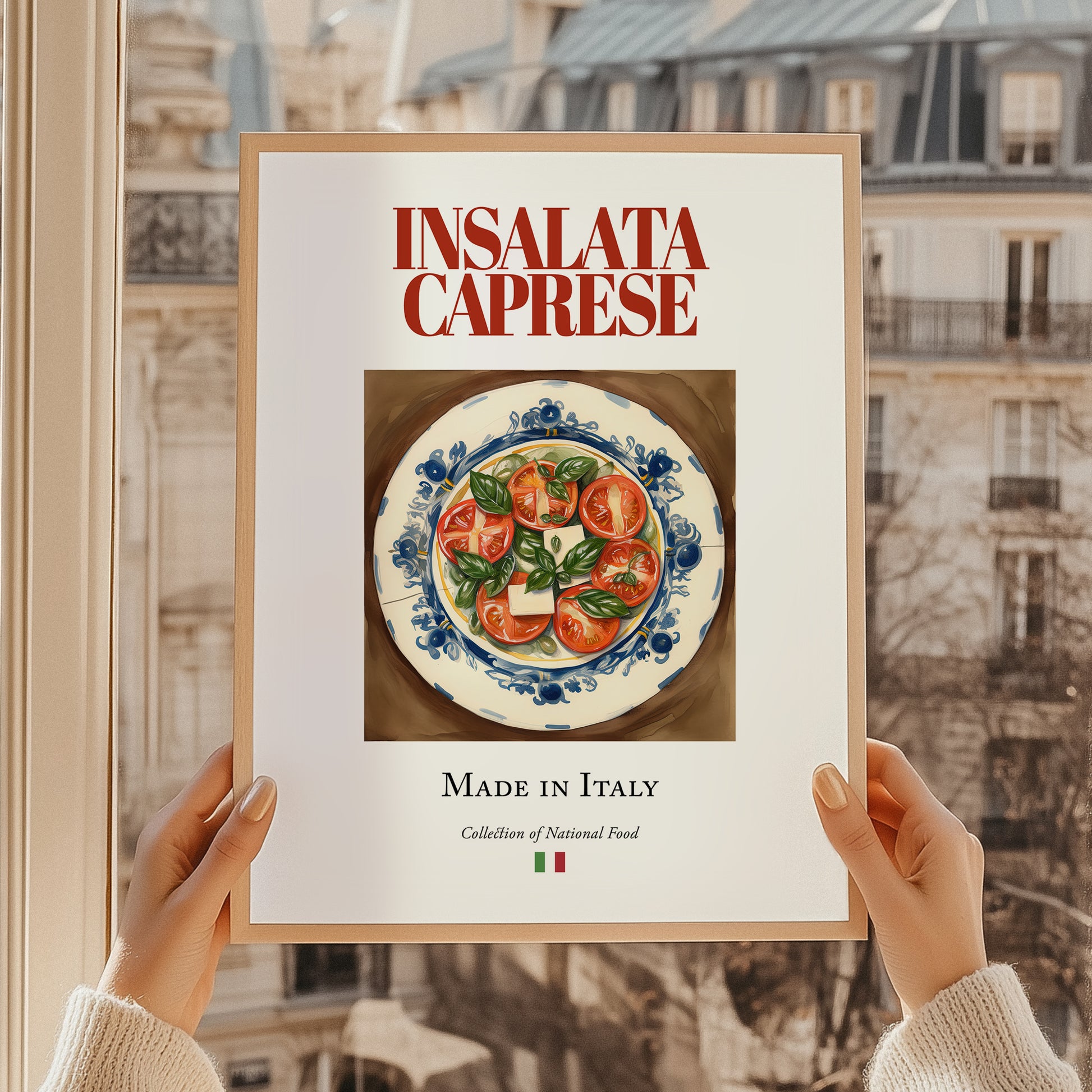Insalata Caprese – Italian Salad Dish, Food Bar Painting, styled in a charming Paris street view