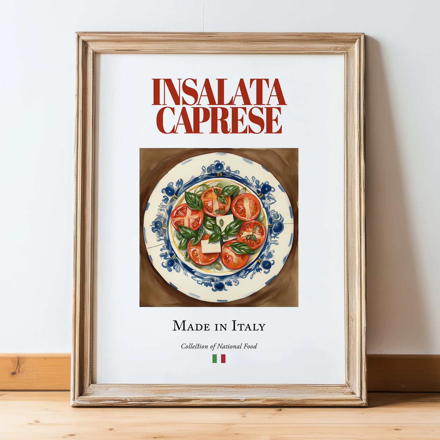 Insalata Caprese – Italian Salad Dish, Food Bar Painting, in wooden frame leaning on the floor