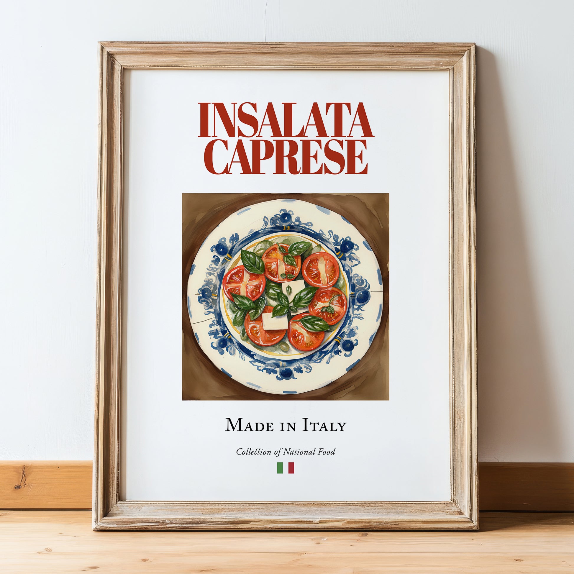 Insalata Caprese – Italian Salad Dish, Food Bar Painting, in wooden frame leaning on the floor