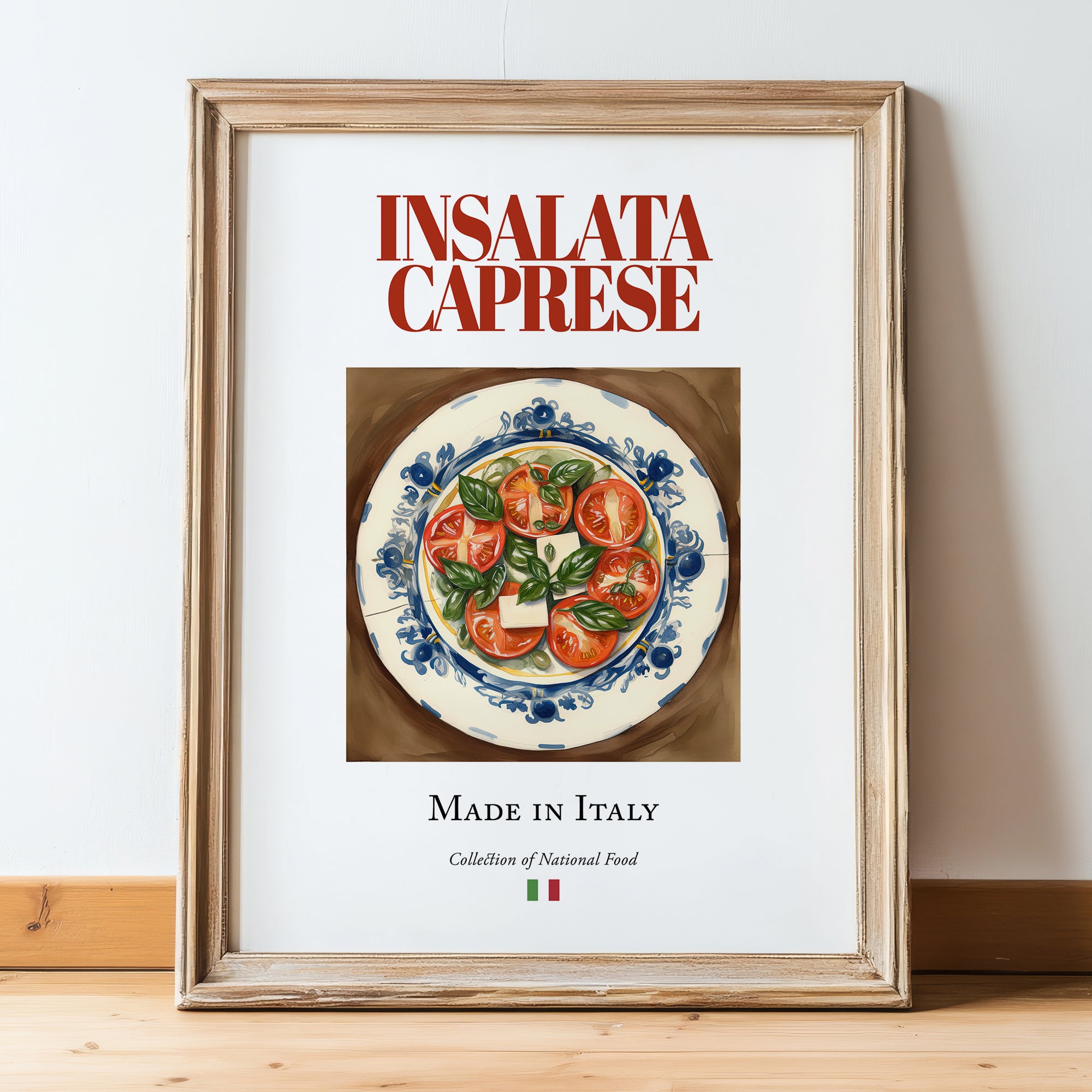 Insalata Caprese – Italian Salad Dish, Food Bar Painting, in wooden frame leaning on the floor