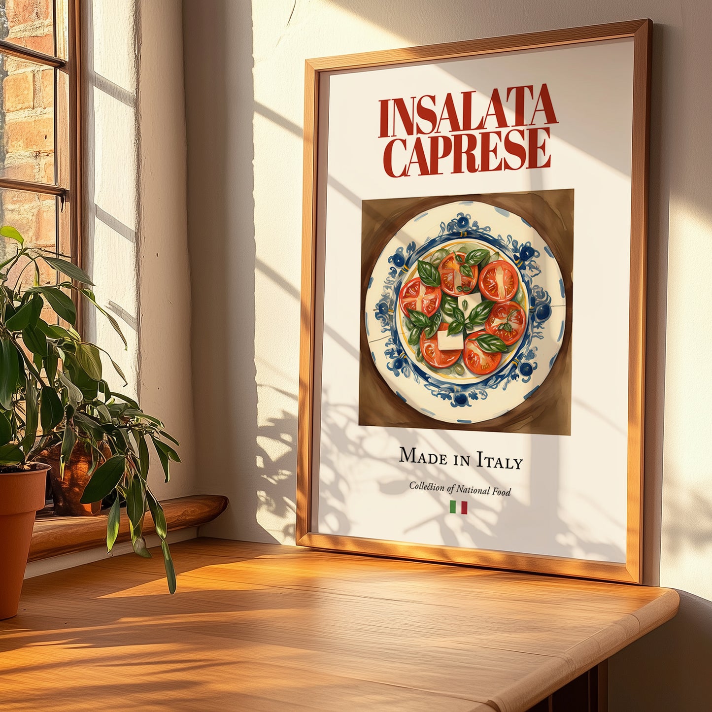 Insalata Caprese – Italian Salad Dish, Food Bar Painting, no-text version framed in wood