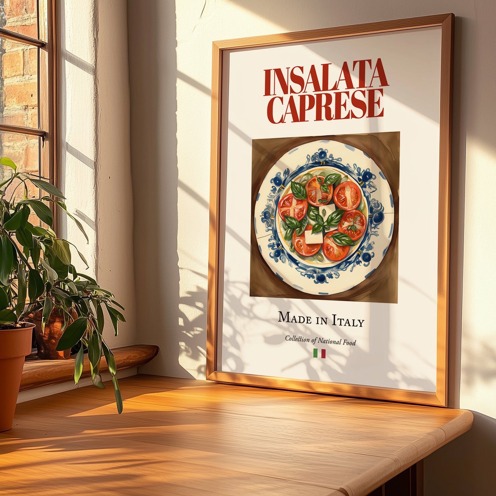Insalata Caprese – Italian Salad Dish, Food Bar Painting, no-text version framed in wood
