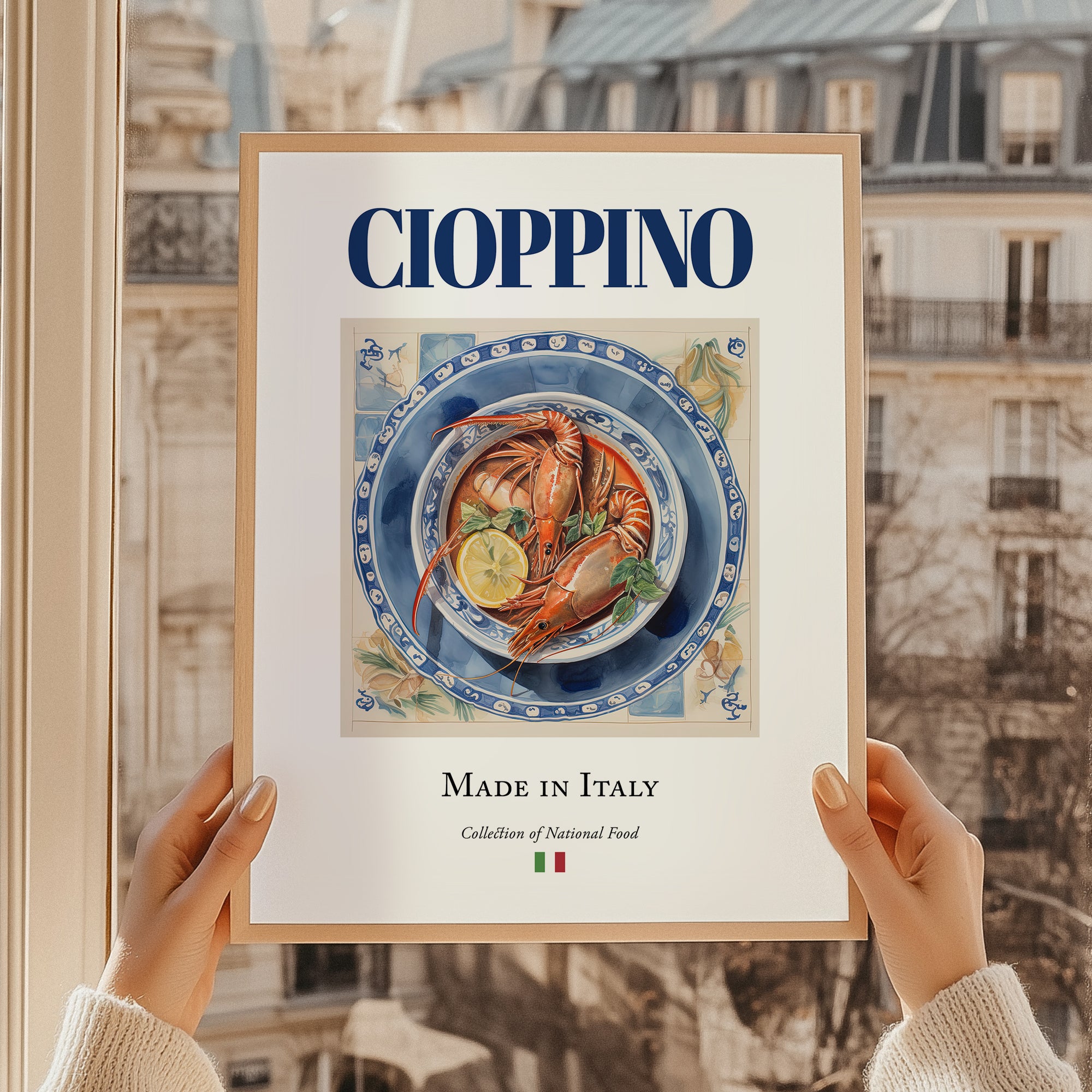 Cioppino – Italian Soup Dish, Restaurant Poster, styled in a charming Paris street view
