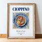 Cioppino – Italian Soup Dish, Restaurant Poster, in wooden frame leaning on the floor