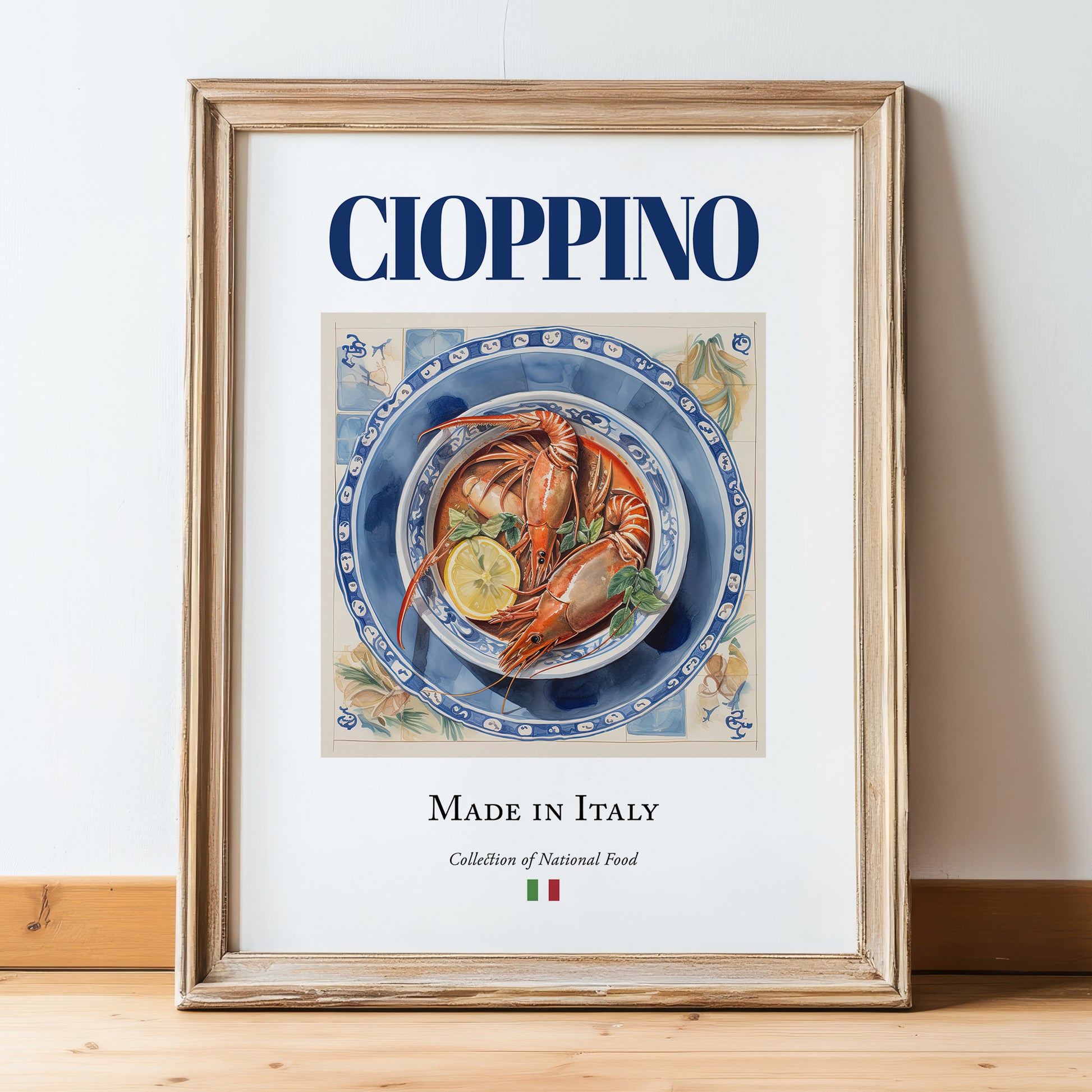 Cioppino – Italian Soup Dish, Restaurant Poster, in wooden frame leaning on the floor