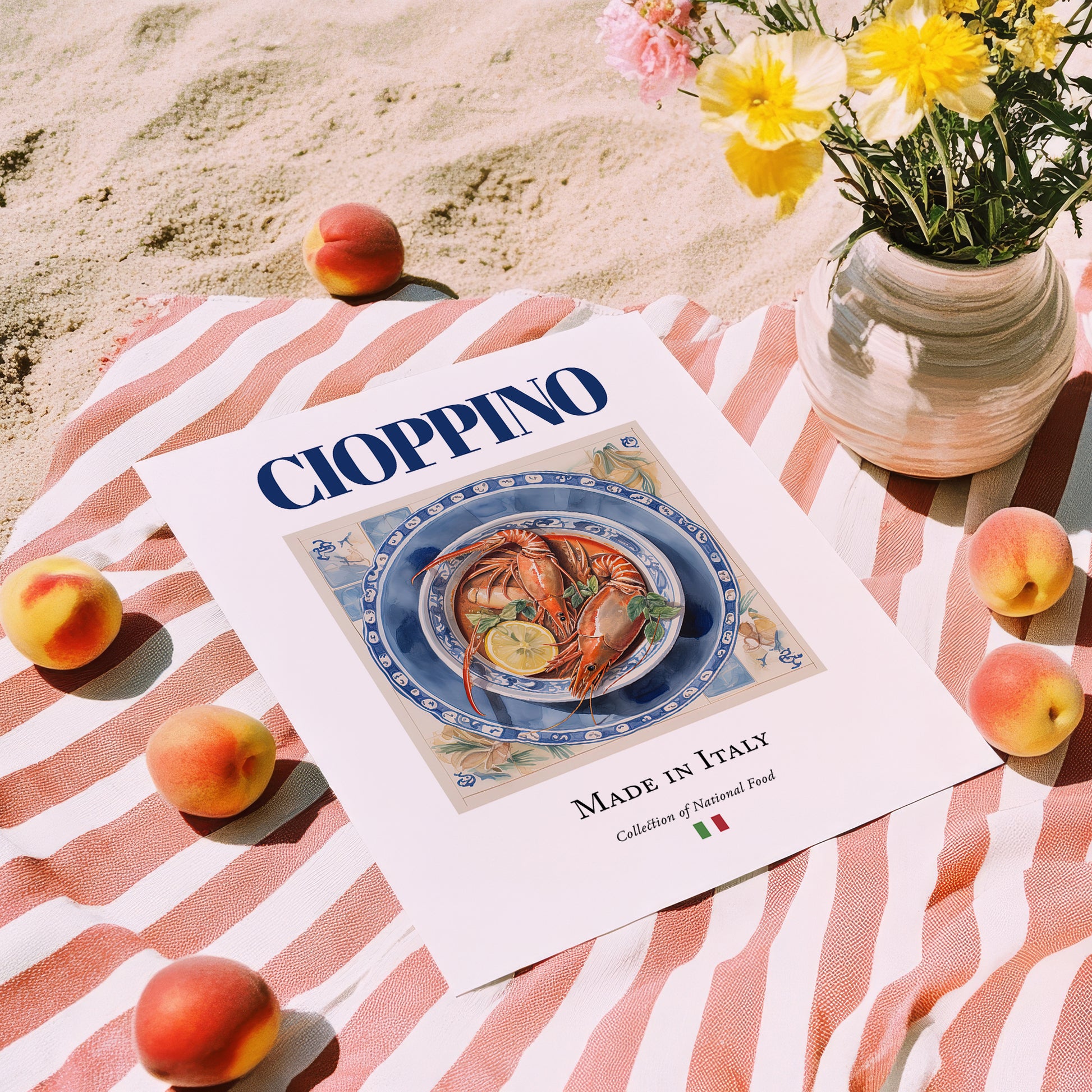 Cioppino – Italian Soup Dish, Restaurant Poster, unframed on coastal sand