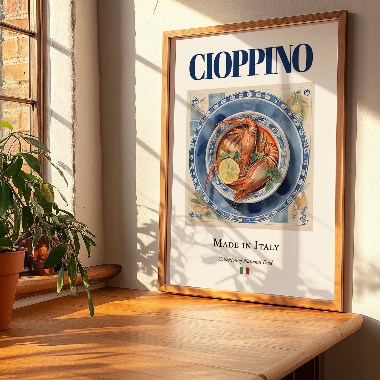 Cioppino – Italian Soup Dish, Restaurant Poster, no-text version framed in wood