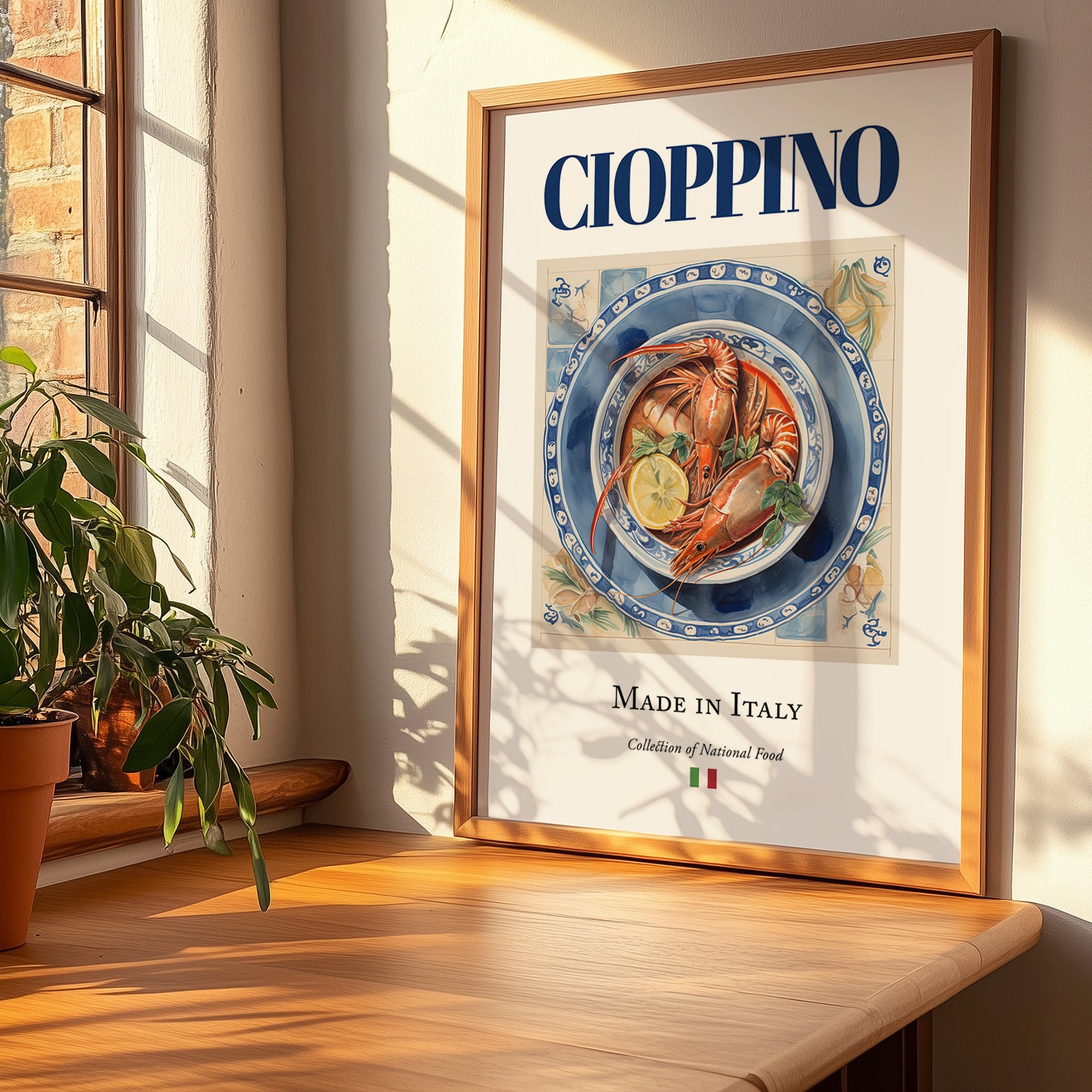 Cioppino – Italian Soup Dish, Restaurant Poster, no-text version framed in wood