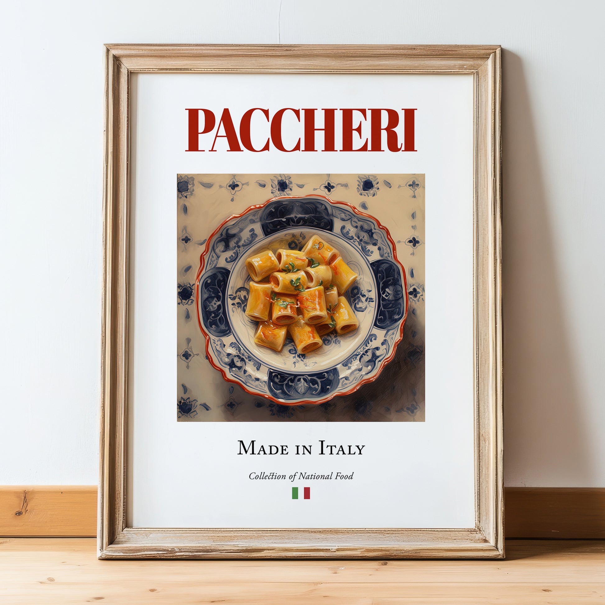 Paccheri – Italian Pasta, Ristorante Poster, in wooden frame leaning on the floor
