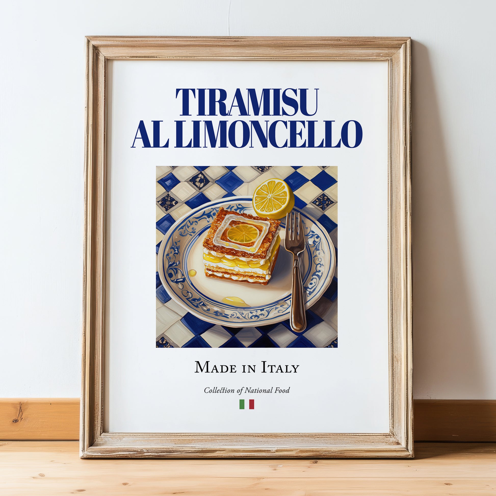 Tiramisu al Limoncello – Italian Dessert Dish, Restaurant Print, in wooden frame leaning on the floor