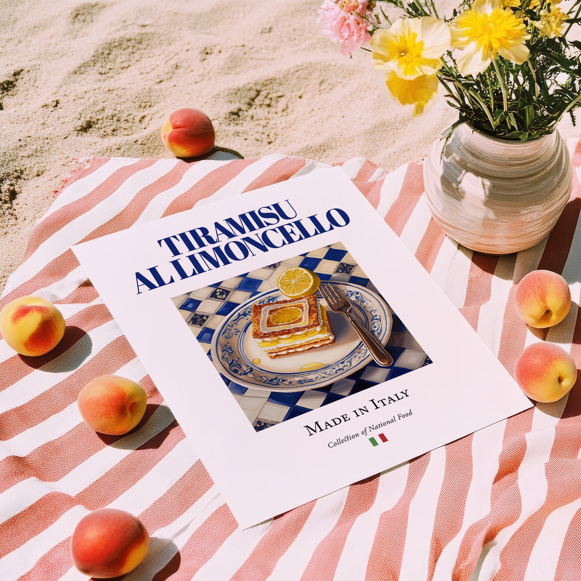 Tiramisu al Limoncello – Italian Dessert Dish, Restaurant Print, unframed on coastal sand