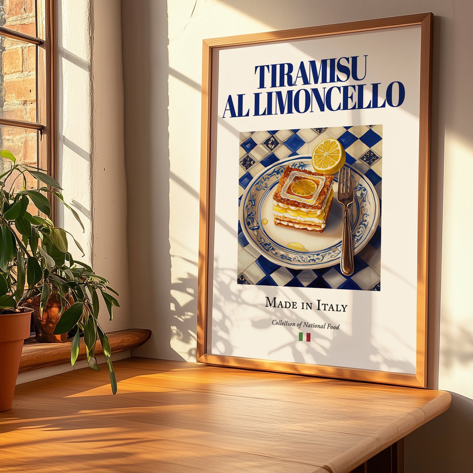 Tiramisu al Limoncello – Italian Dessert Dish, Restaurant Print, no-text version framed in wood
