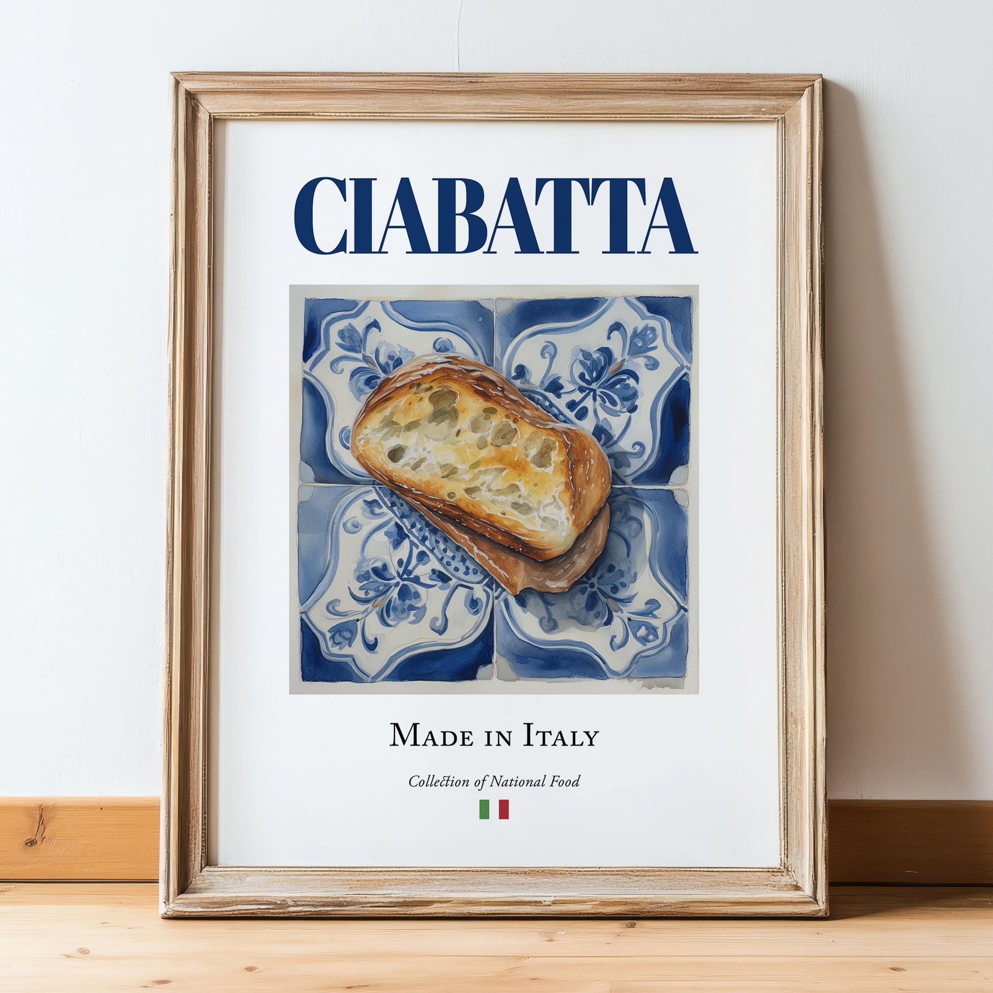 Ciabatta – Italian Bread Dish, Brasserie Poster, in wooden frame leaning on the floor
