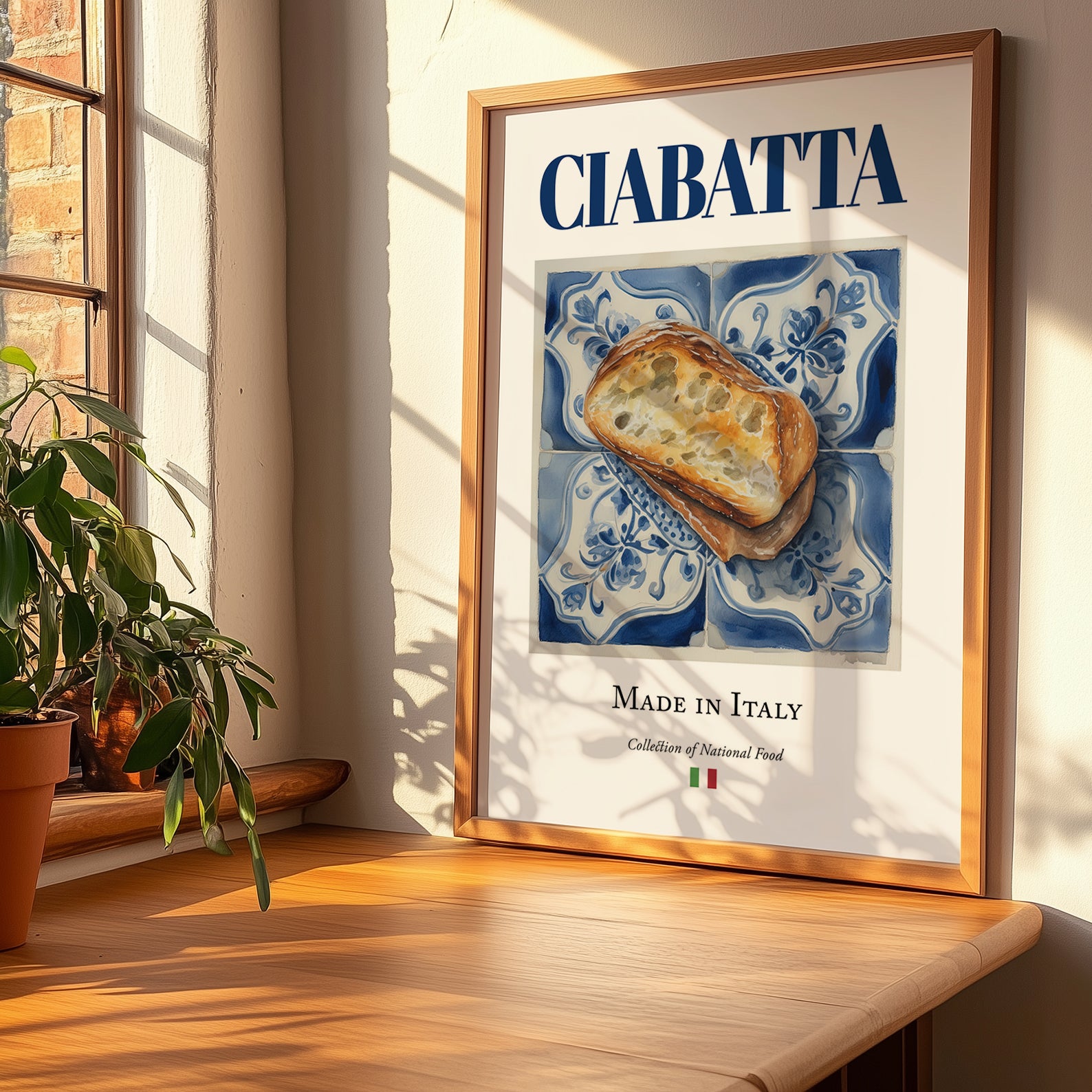 Ciabatta – Italian Bread Dish, Brasserie Poster, no-text version framed in wood