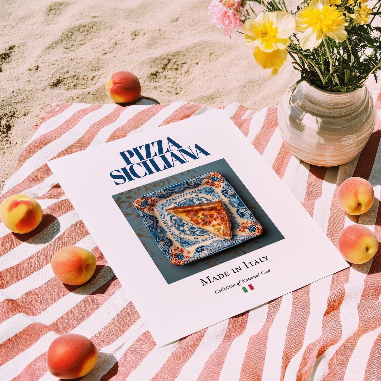 Sicilian Pizza – Italian Pizza, Trattoria Wall Art, unframed on coastal sand