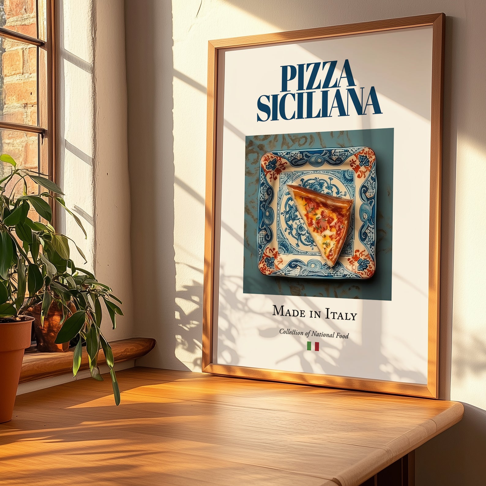 Sicilian Pizza – Italian Pizza, Trattoria Wall Art, no-text version framed in wood