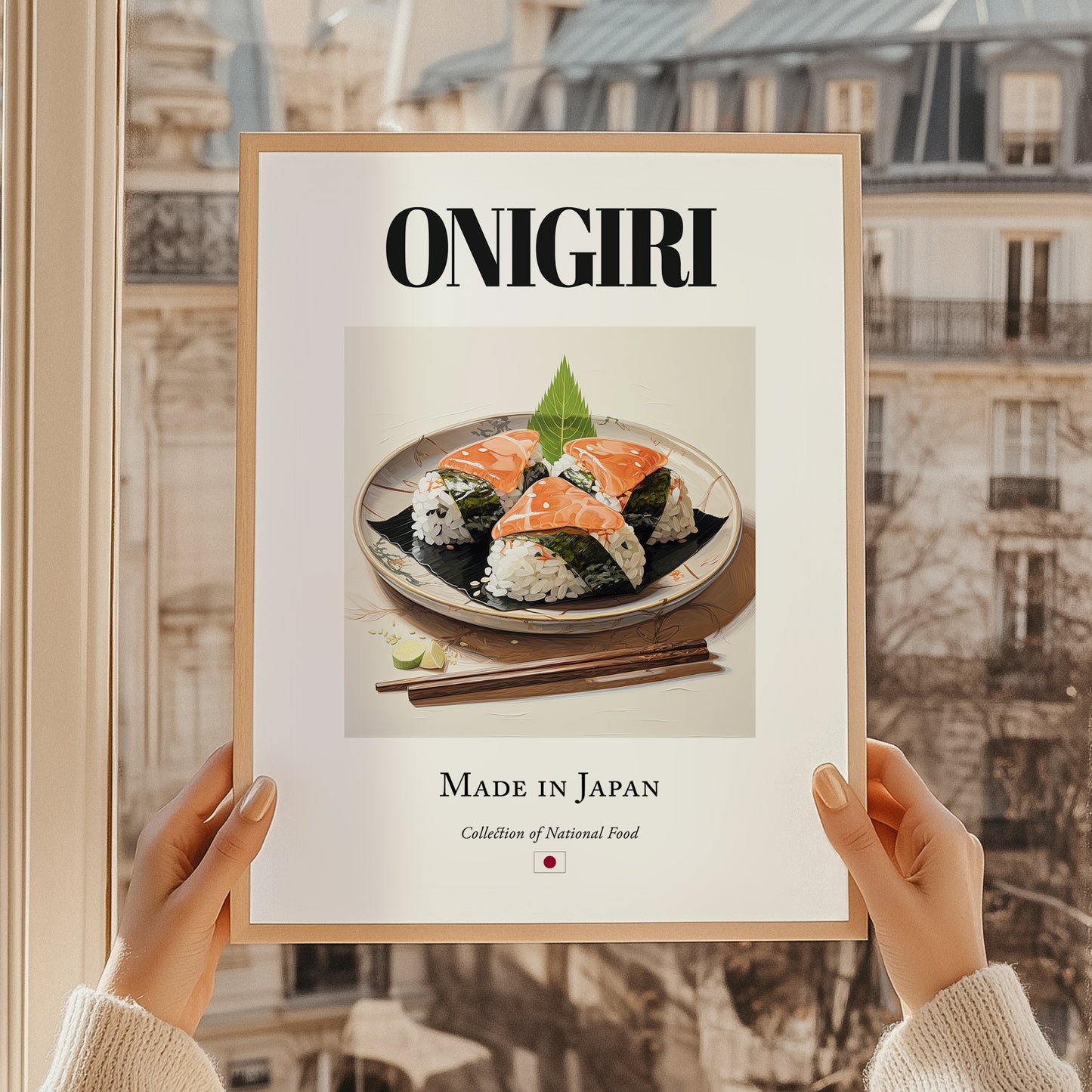 Onigiri – Japanese Dish, Bistro Wall Art, styled in a charming Paris street view