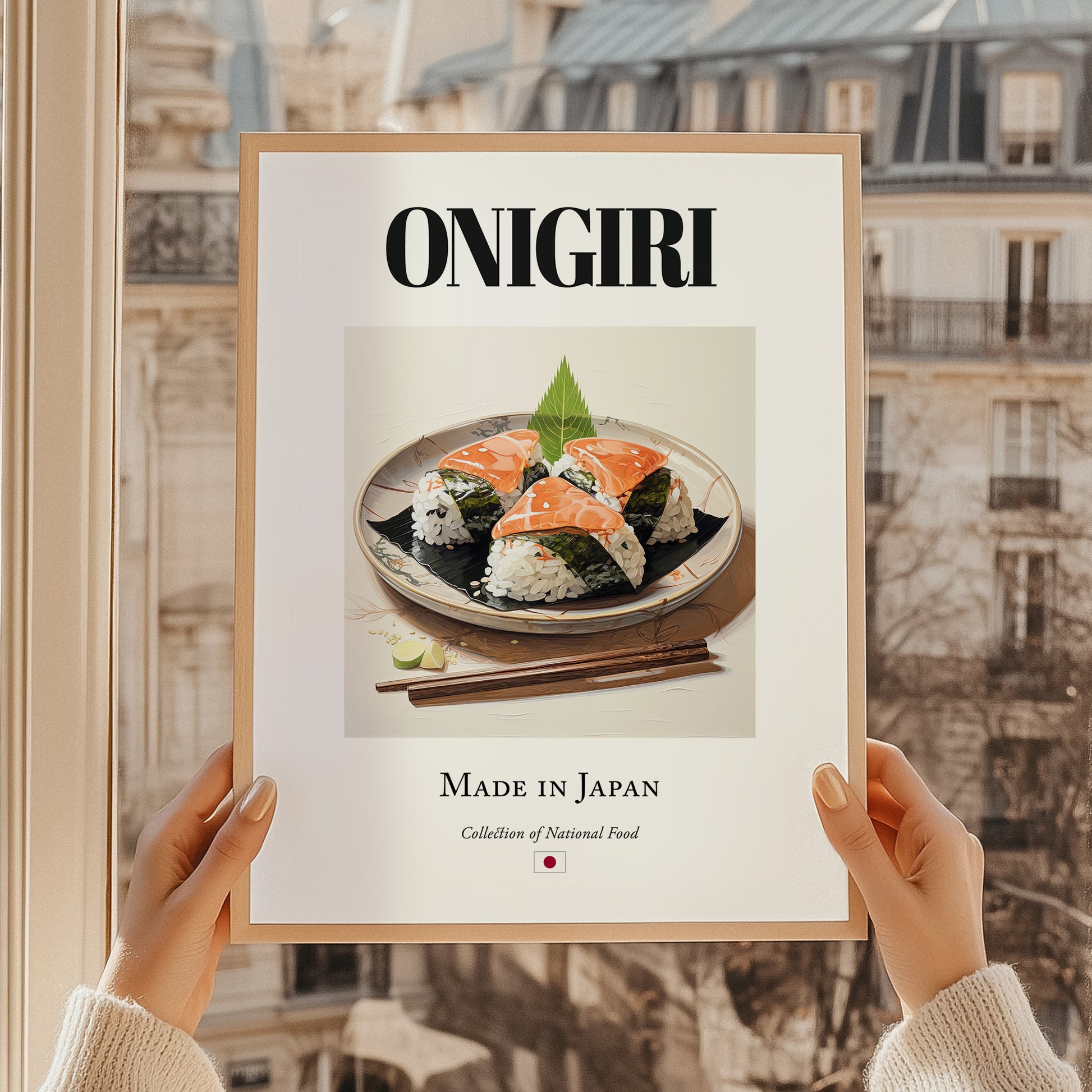 Onigiri – Japanese Dish, Bistro Wall Art, styled in a charming Paris street view
