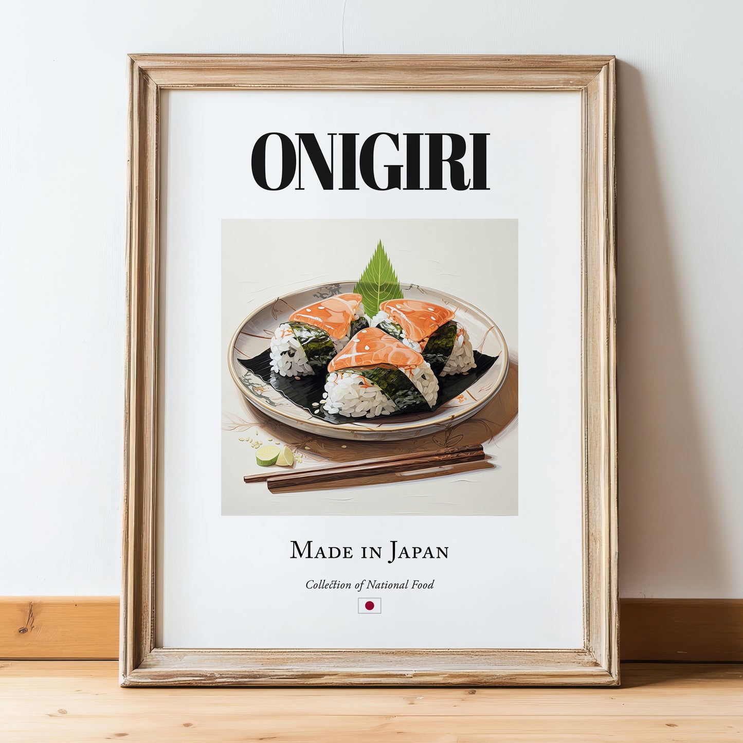 Onigiri – Japanese Dish, Bistro Wall Art, in wooden frame leaning on the floor