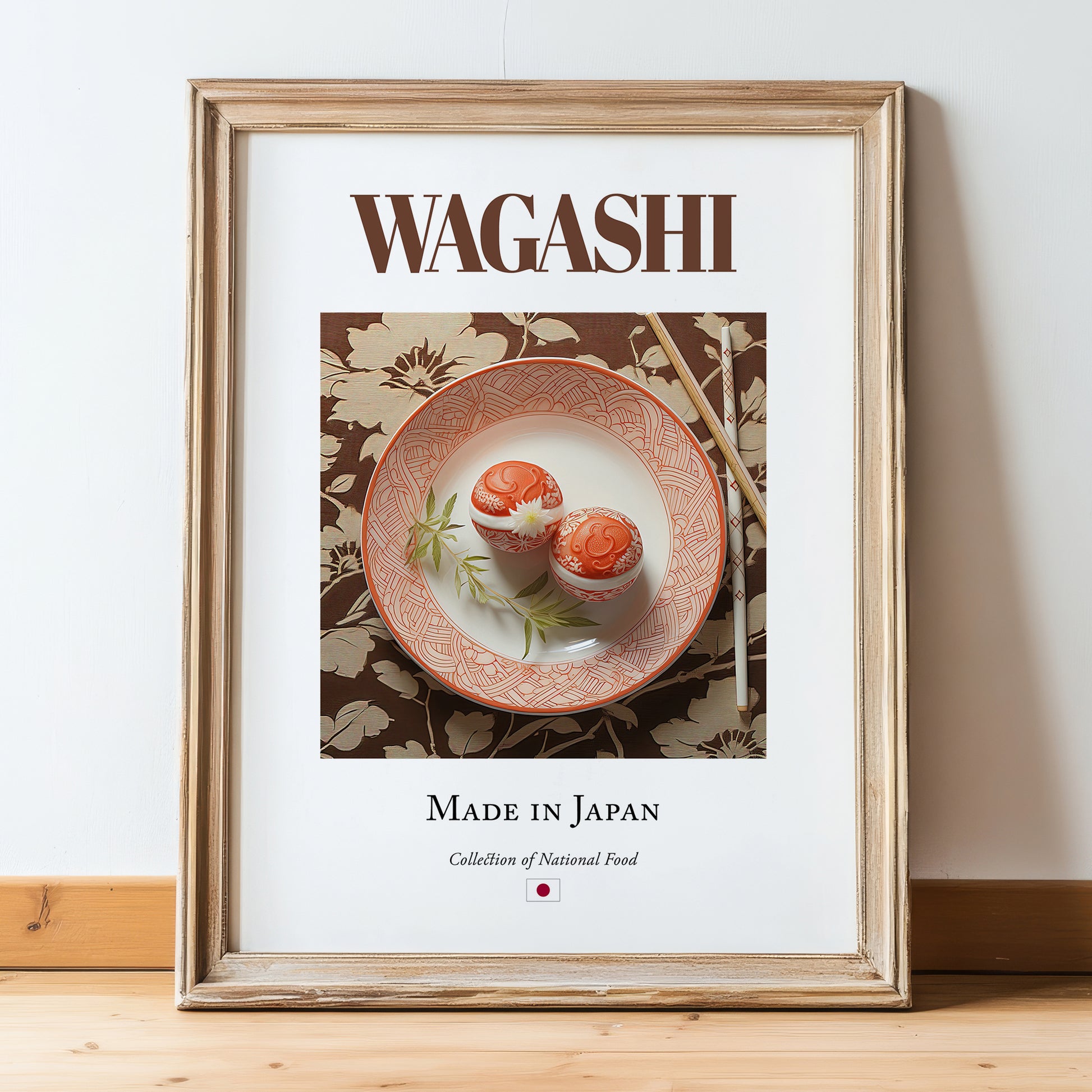 Wagashi – Japanese Dessert Dish, Café Still Life, in wooden frame leaning on the floor