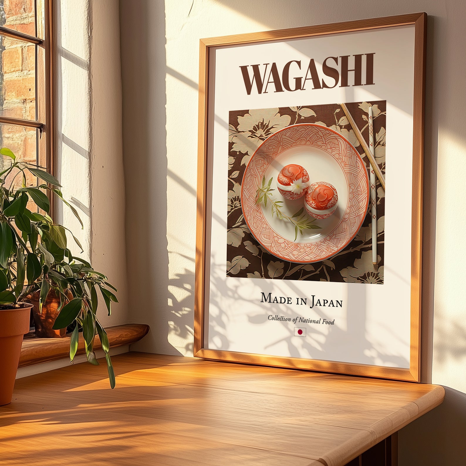 Wagashi – Japanese Dessert Dish, Café Still Life, no-text version framed in wood